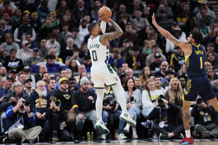 Damian Lillard #0 of the Milwaukee Bucks shoots the ball against the Indiana Pacers on January 03, 2024 in Indianapolis, Indiana.