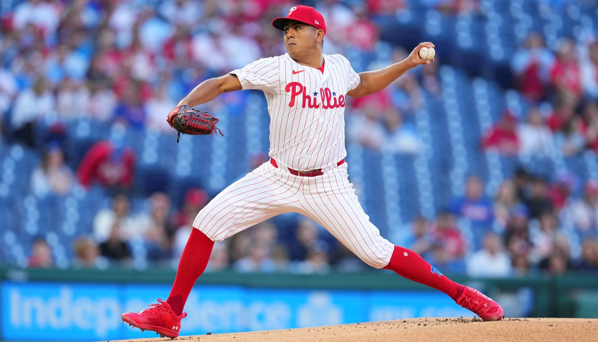 Ranger Suárez #55 of the Philadelphia Phillies throws a pitch in the top of the first inning against the Colorado Rockies at Citizens Bank Park on April 16, 2024 in Philadelphia, Pennsylvania.