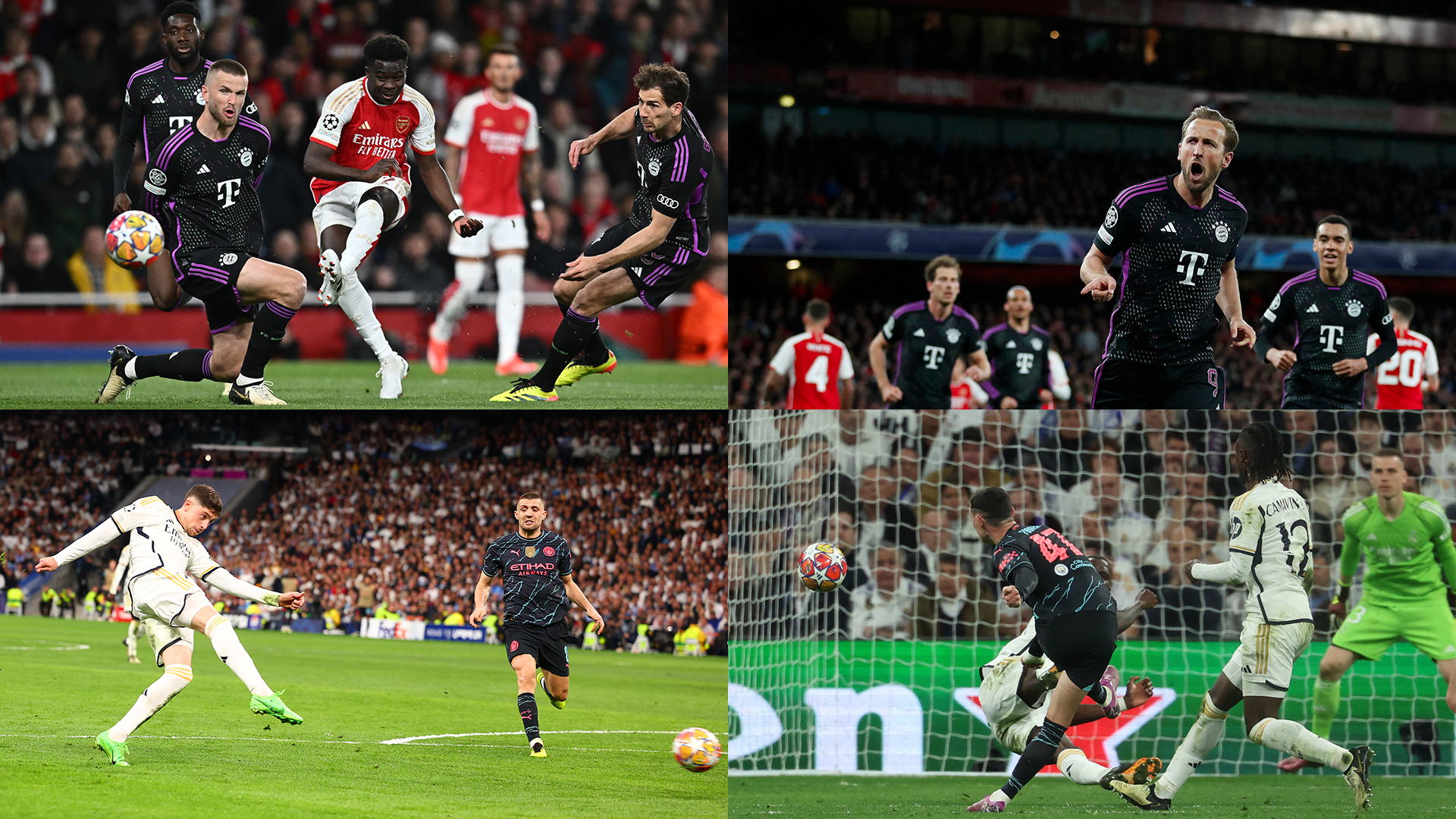 Arsenal, Bayern Munich, Real Madrid, and Manchester City score goals in their Champions League quarter-finals.