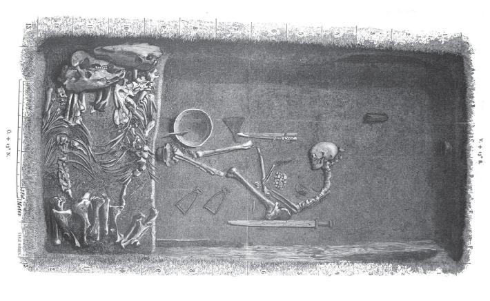 Sketch of archaeological grave found and labelled "Bj581" by Hjalmar Stolpe in Birka, Sweden. sketch depits a curled up skeleton alongside various animal skulls and grave goods