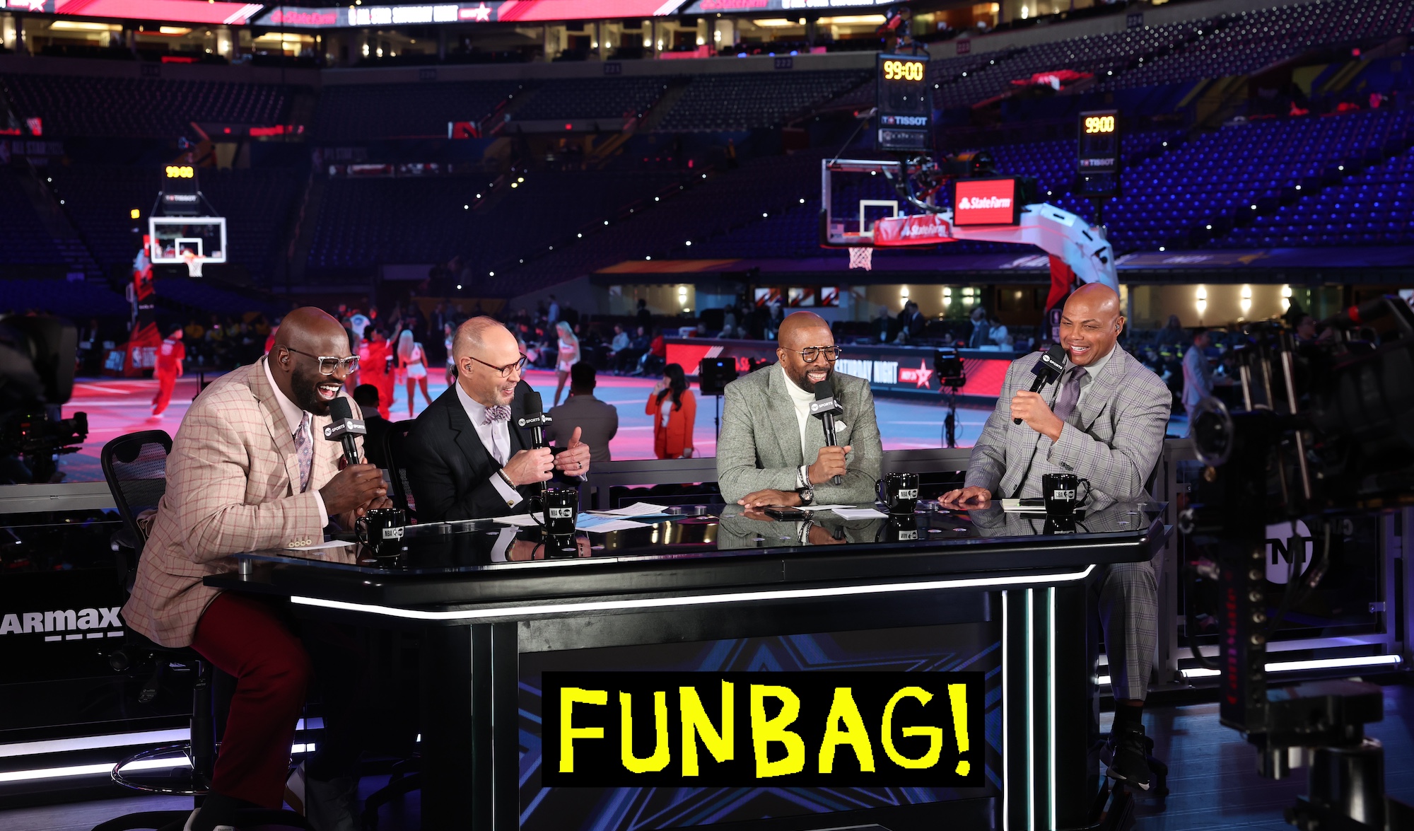 INDIANAPOLIS, IN - FEBRUARY 17: Shaquille O'Neal, Ernie Johnson, Kenny Smith and Charles Barkley from TNT talk as a part of State Farm All-Star Saturday Night on Saturday, February 17, 2024 at Lucas Oil Stadium in Indianapolis, Indiana. NOTE TO USER: User expressly acknowledges and agrees that, by downloading and/or using this Photograph, user is consenting to the terms and conditions of the Getty Images License Agreement. Mandatory Copyright Notice: Copyright 2024 NBAE (Photo by Brandon Todd/NBAE via Getty Images)