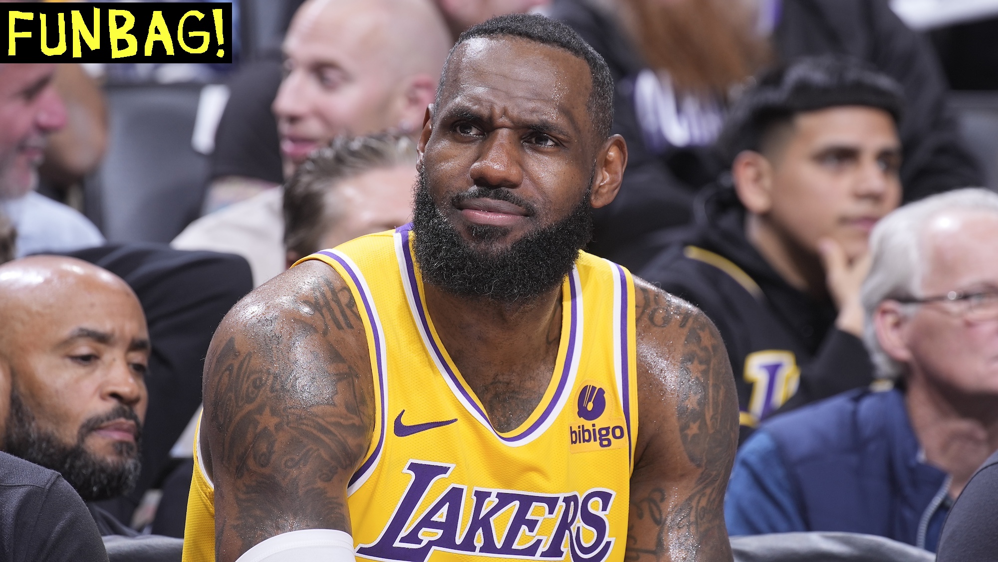 SACRAMENTO, CA - MARCH 13: LeBron James #23 of the Los Angeles Lakers looks on from the bench during the game against the Sacramento Kings on March 13, 2024 at Golden 1 Center in Sacramento, California. NOTE TO USER: User expressly acknowledges and agrees that, by downloading and or using this photograph, User is consenting to the terms and conditions of the Getty Images Agreement. Mandatory Copyright Notice: Copyright 2024 NBAE (Photo by Rocky Widner/NBAE via Getty Images)