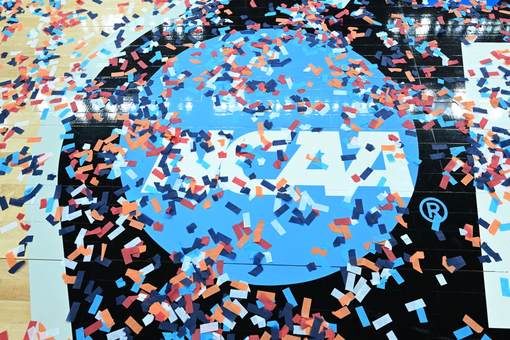 The NCAA logo is covered by confetti after the South Carolina Gamecocks defeat the Oregon State Beavers during the Elite Eight round of the 2024 NCAA Women's Basketball Tournament held at MVP Arena on March 31, 2024 in Albany, New York.