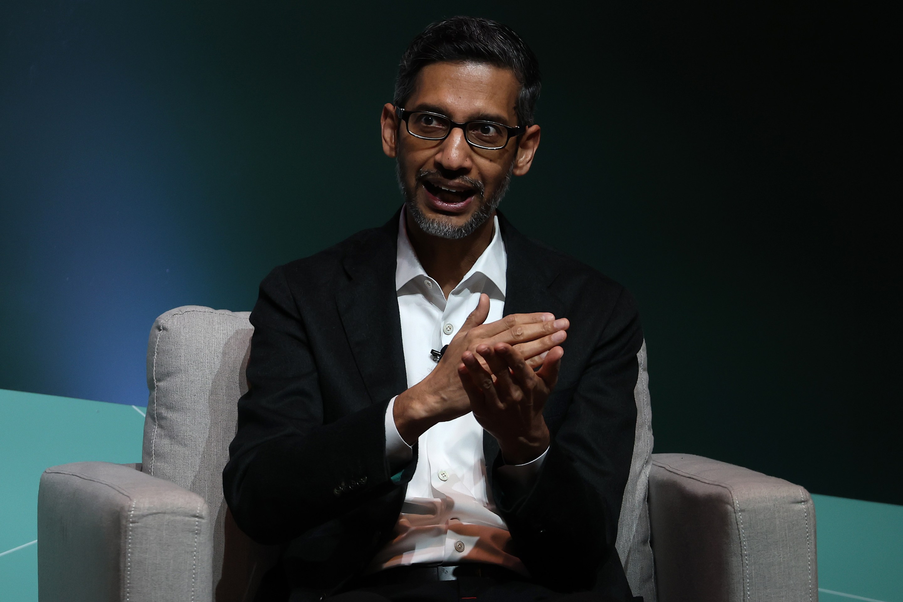 Google CEO Sundar Pichai speaks during the Stanford Business, Government, and Society Forum at Stanford University in April of 2024.