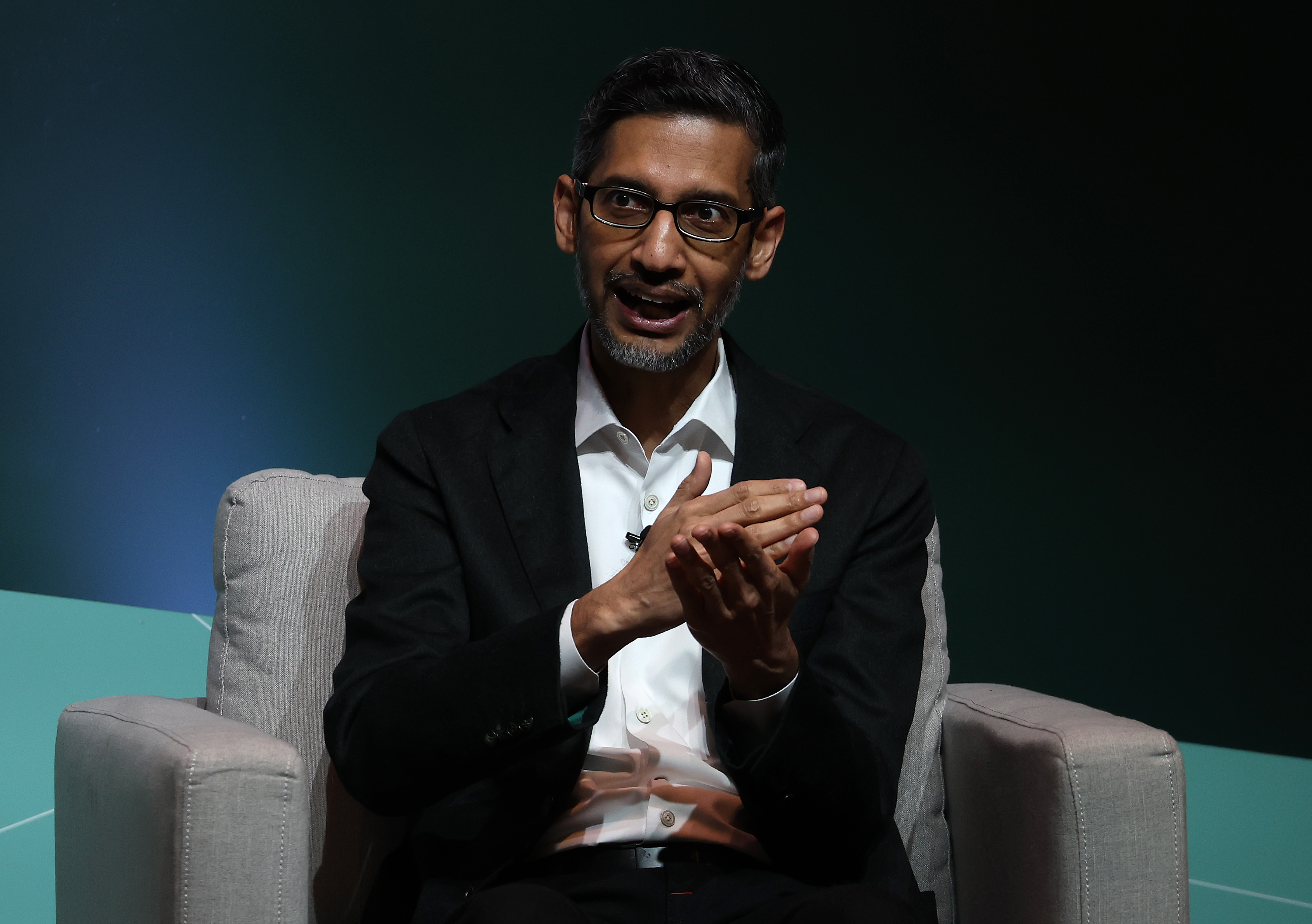 Google CEO Sundar Pichai speaks during the Stanford Business, Government, and Society Forum at Stanford University in April of 2024.