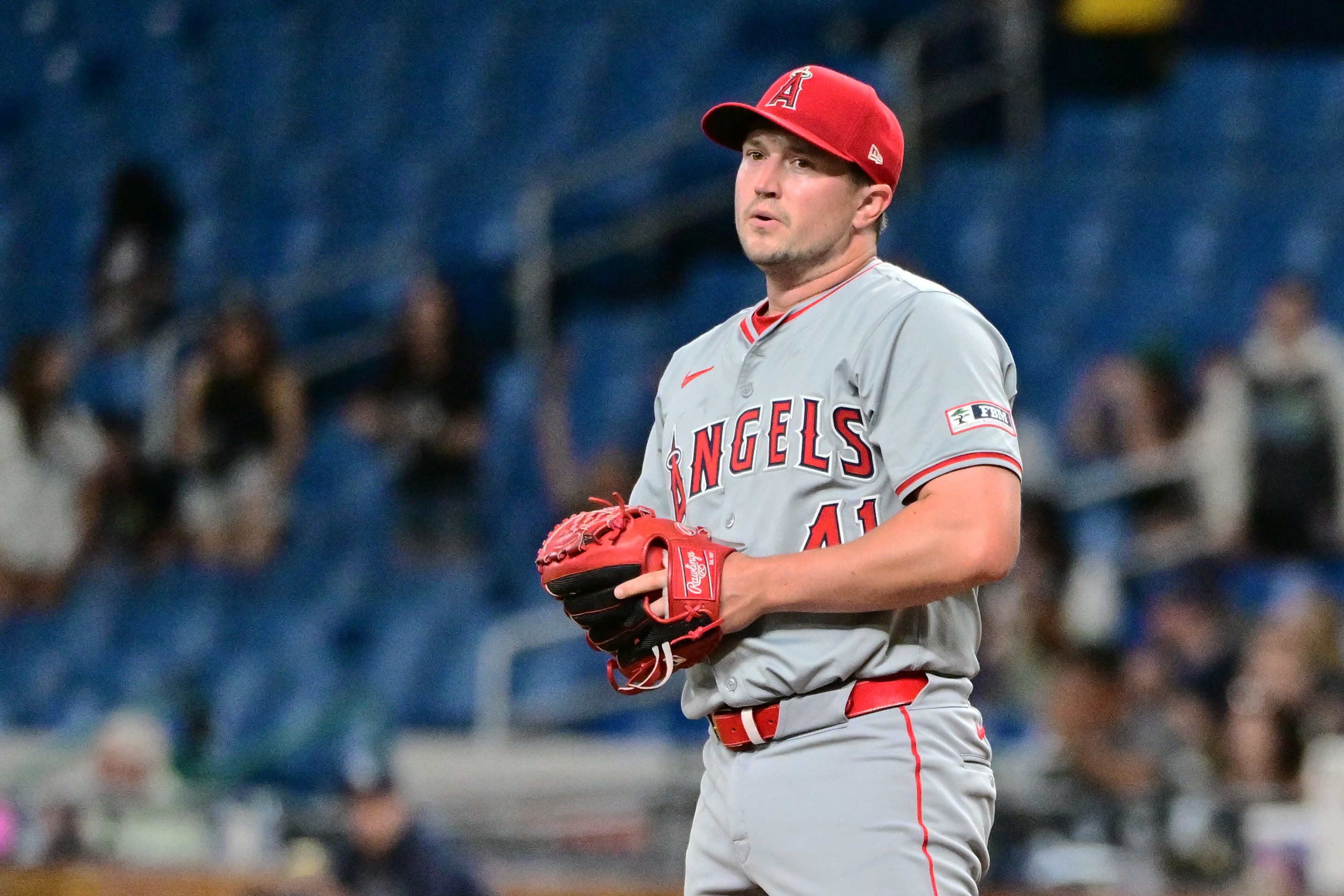 Carson Fulmer of the Angels looks faintly dyspeptic on the mound during an April 16 game at Tampa Bay.