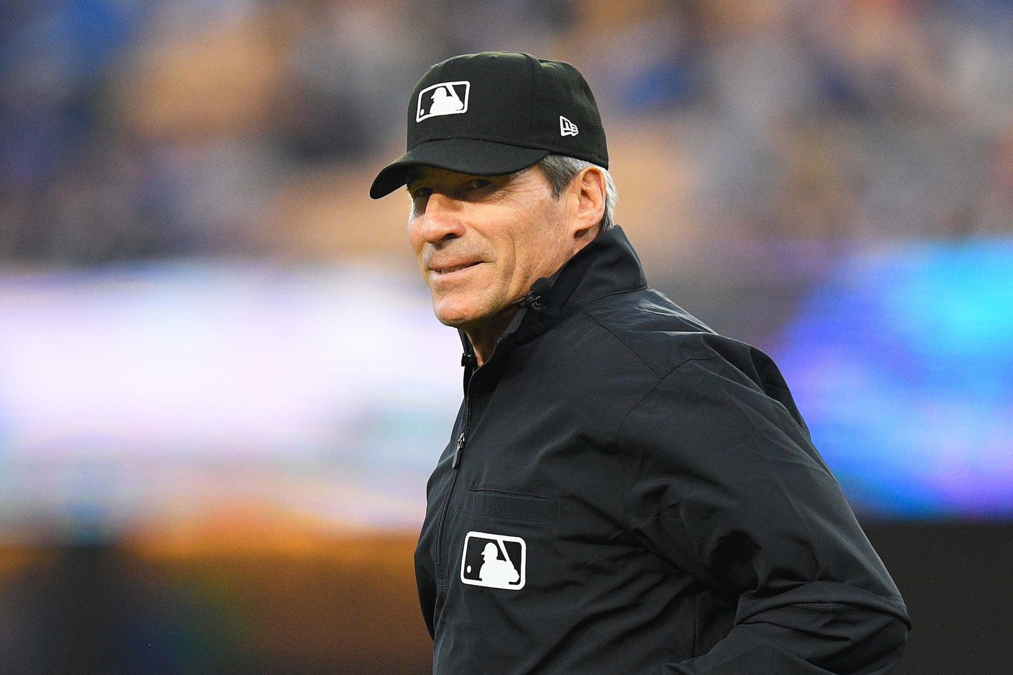 LOS ANGELES, CA - APRIL 19: Umpire Angel Hernandez looks on during the MLB game between the New York Mets and the Los Angeles Dodgers on April 19, 2024 at Dodger Stadium in Los Angeles, CA. (Photo by Brian Rothmuller/Icon Sportswire via Getty Images)