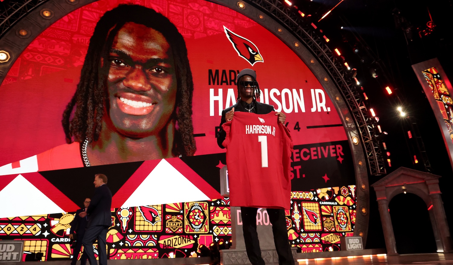 DETROIT, MICHIGAN - APRIL 25: Marvin Harrison Jr. celebrates after being selected fourth overall by the Arizona Cardinals during the first round of the 2024 NFL Draft at Campus Martius Park and Hart Plaza on April 25, 2024 in Detroit, Michigan. (Photo by Gregory Shamus/Getty Images)