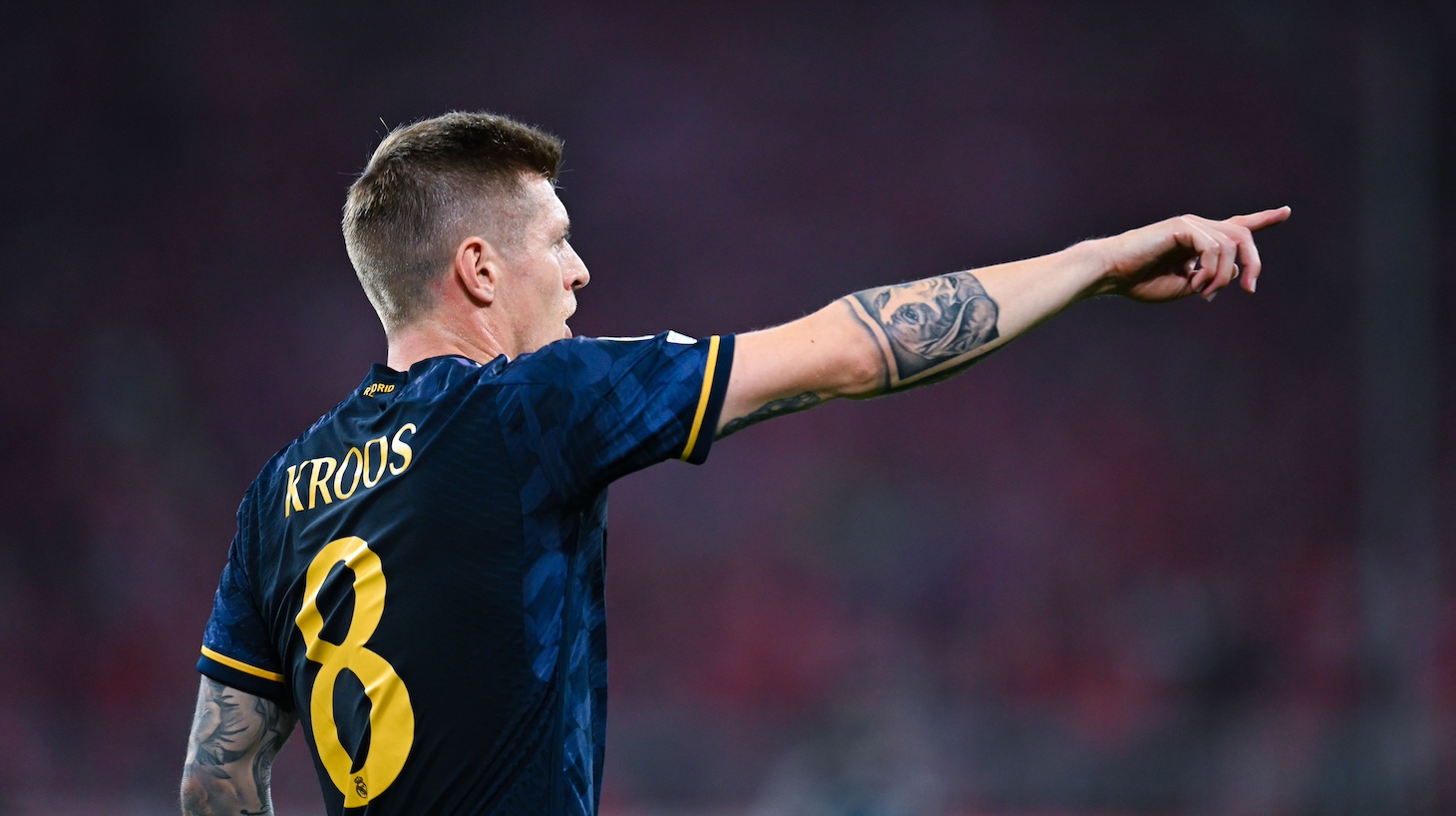 Toni Kroos of Real Madrid gestures during the UEFA Champions League semi-final first leg match between FC Bayern München and Real Madrid at Allianz Arena on April 30, 2024 in Munich, Germany.
