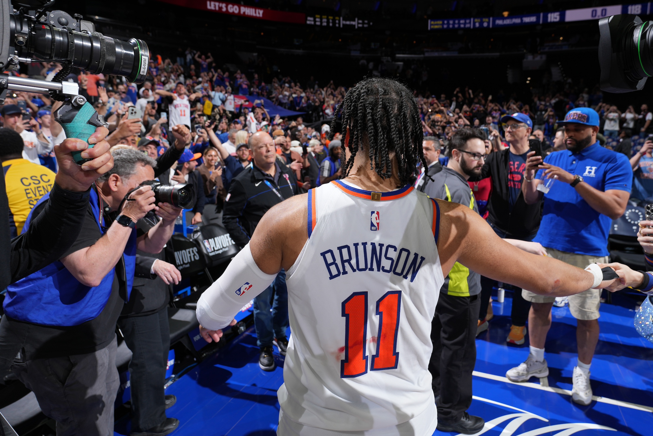 PHILADELPHIA, PA - MAY 2: Jalen Brunson #11 of the New York Knicks walks off the court after the game against the Philadelphia 76ers during Round 1 Game 6 of the 2024 NBA Playoffs on May 2, 2024 at the Wells Fargo Center in Philadelphia, Pennsylvania NOTE TO USER: User expressly acknowledges and agrees that, by downloading and/or using this Photograph, user is consenting to the terms and conditions of the Getty Images License Agreement. Mandatory Copyright Notice: Copyright 2024 NBAE (Photo by Jesse D. Garrabrant/NBAE via Getty Images)