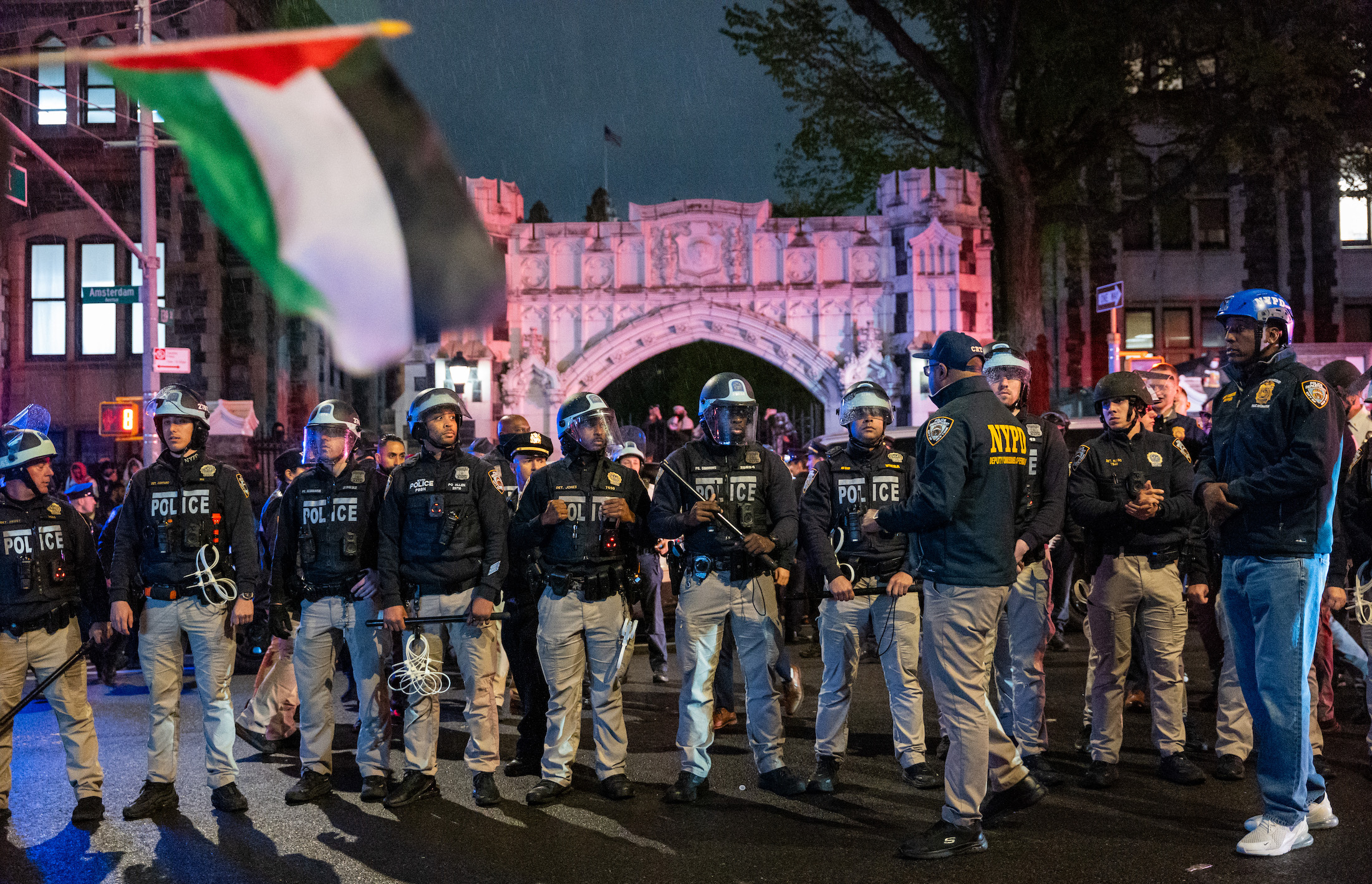 A line of police at City College during pro-Gaza demonstrations