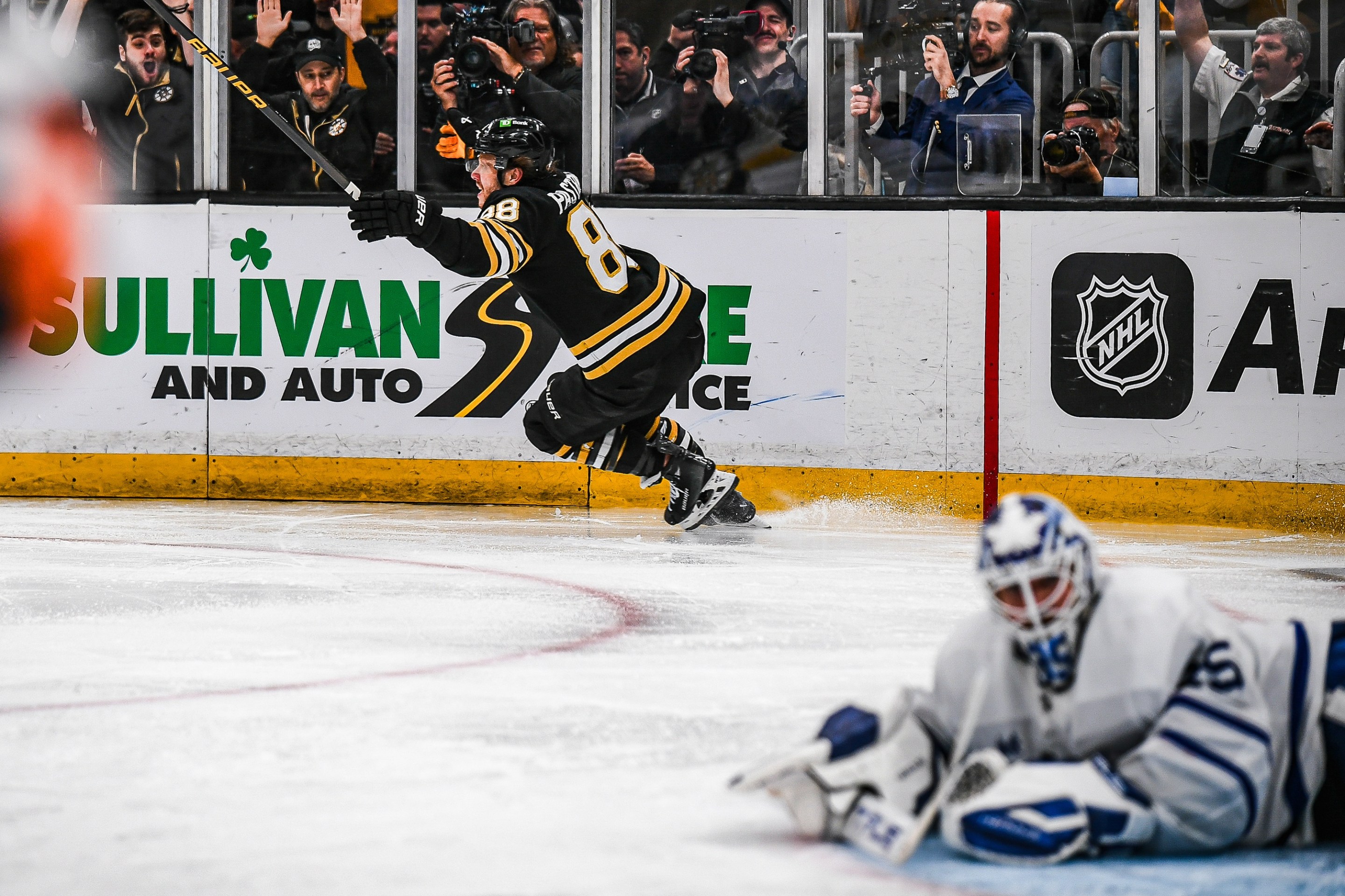 BOSTON, MASSACHUSETTS - MAY 04: David Pastrnak #88 of the Boston Bruins celebrates his over time winning goal against the Toronto Maple Leafs in Game Seven of the First Round of the 2024 Stanley Cup Playoffs at TD Garden on May 04, 2024 in Boston, Massachusetts. (Photo by China Wong/NHLI via Getty Images)