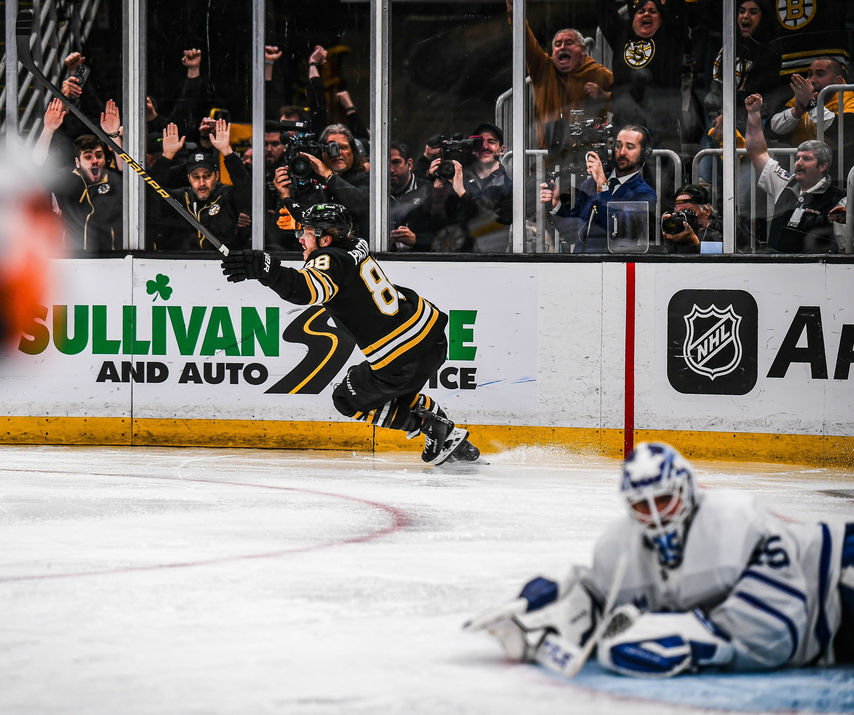 BOSTON, MASSACHUSETTS - MAY 04: David Pastrnak #88 of the Boston Bruins celebrates his over time winning goal against the Toronto Maple Leafs in Game Seven of the First Round of the 2024 Stanley Cup Playoffs at TD Garden on May 04, 2024 in Boston, Massachusetts. (Photo by China Wong/NHLI via Getty Images)