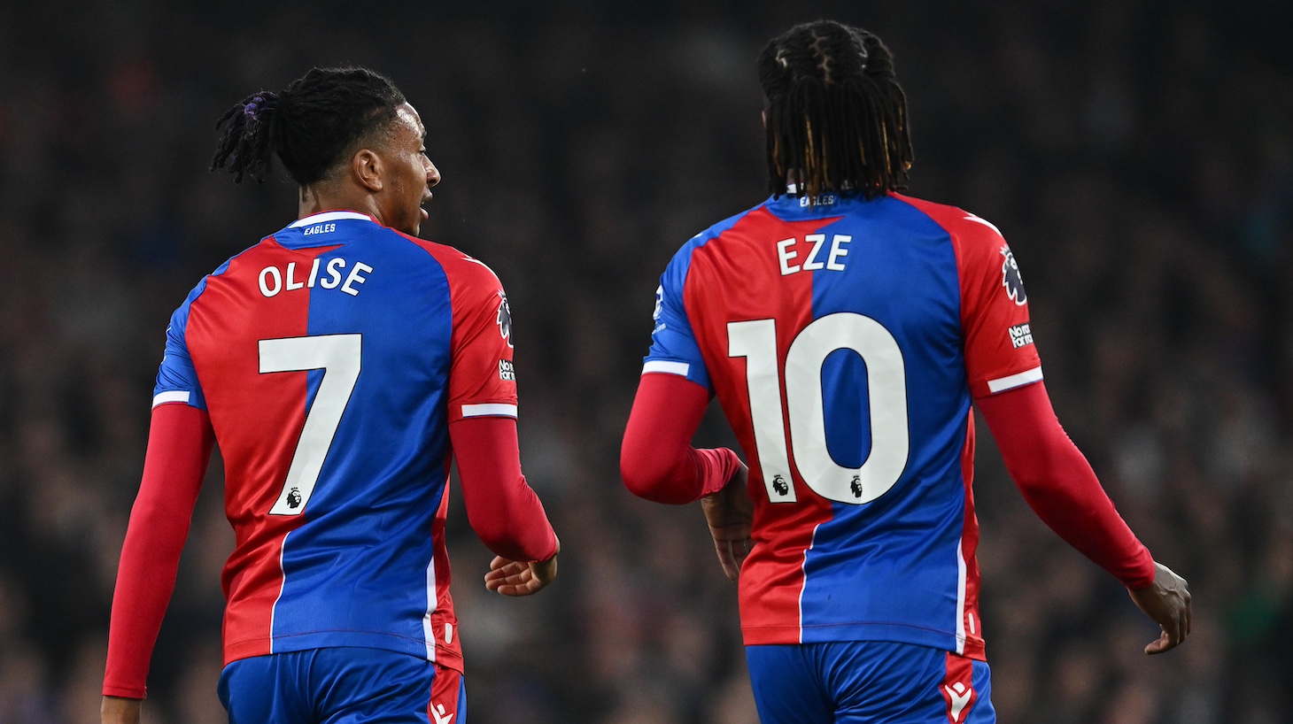 Michael Olise and Eberechi Eze of Crystal Palace during the Premier League match between Crystal Palace and Manchester United at Selhurst Park on May 6, 2024 in London, United Kingdom.