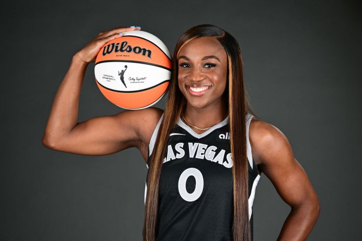 Jackie Young #0 of the Las Vegas Aces poses for a portrait during the team's media day at Vu Studios on May 03, 2024 in Las Vegas, Nevada