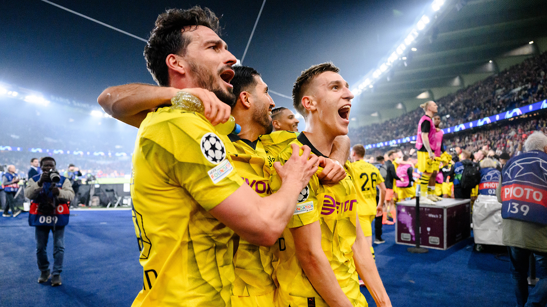 Mats Hummels, Emre Can and Nico Schlotterbeck (L-R) celebrates victory after the UEFA Champions League semi-final second leg match between Paris Saint-Germain and Borussia Dortmund at Parc des Princes on May 07, 2024 in Paris, France.