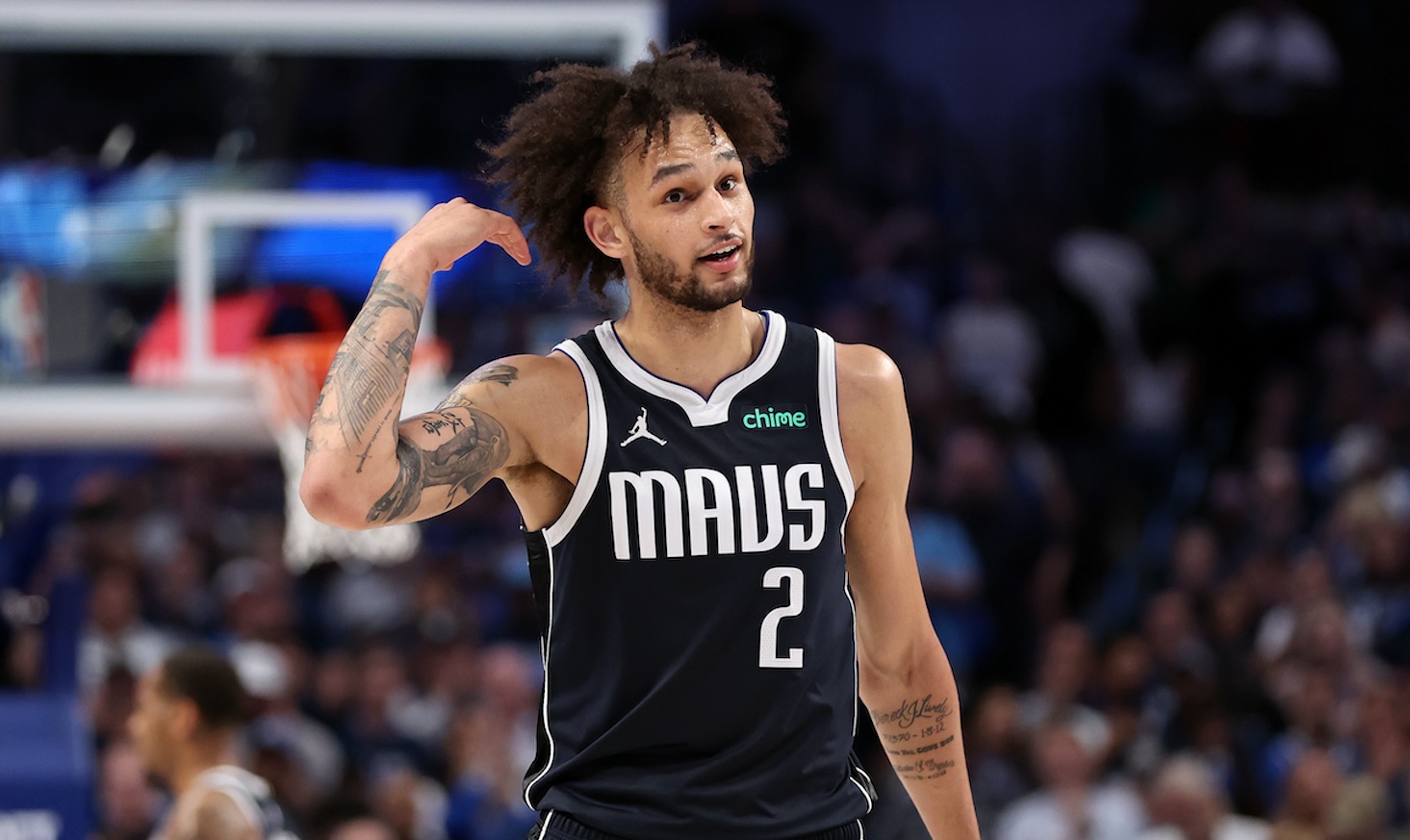 DALLAS, TEXAS - MAY 11: Dereck Lively II #2 of the Dallas Mavericks reacts during the fourth quarter against the Oklahoma City Thunder in Game Three of the Western Conference Second Round Playoffs at American Airlines Center on May 11, 2024 in Dallas, Texas. NOTE TO USER: User expressly acknowledges and agrees that, by downloading and or using this photograph, User is consenting to the terms and conditions of the Getty Images License Agreement. (Photo by Tim Heitman/Getty Images)