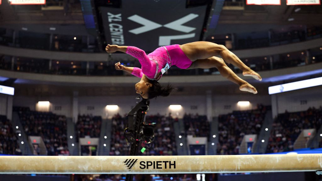 U.S. gymnast Simone Biles competes in the balance beam event during the Core Hydration Classic at XL Center in Hartford, Connecticut, on May 18, 2024.