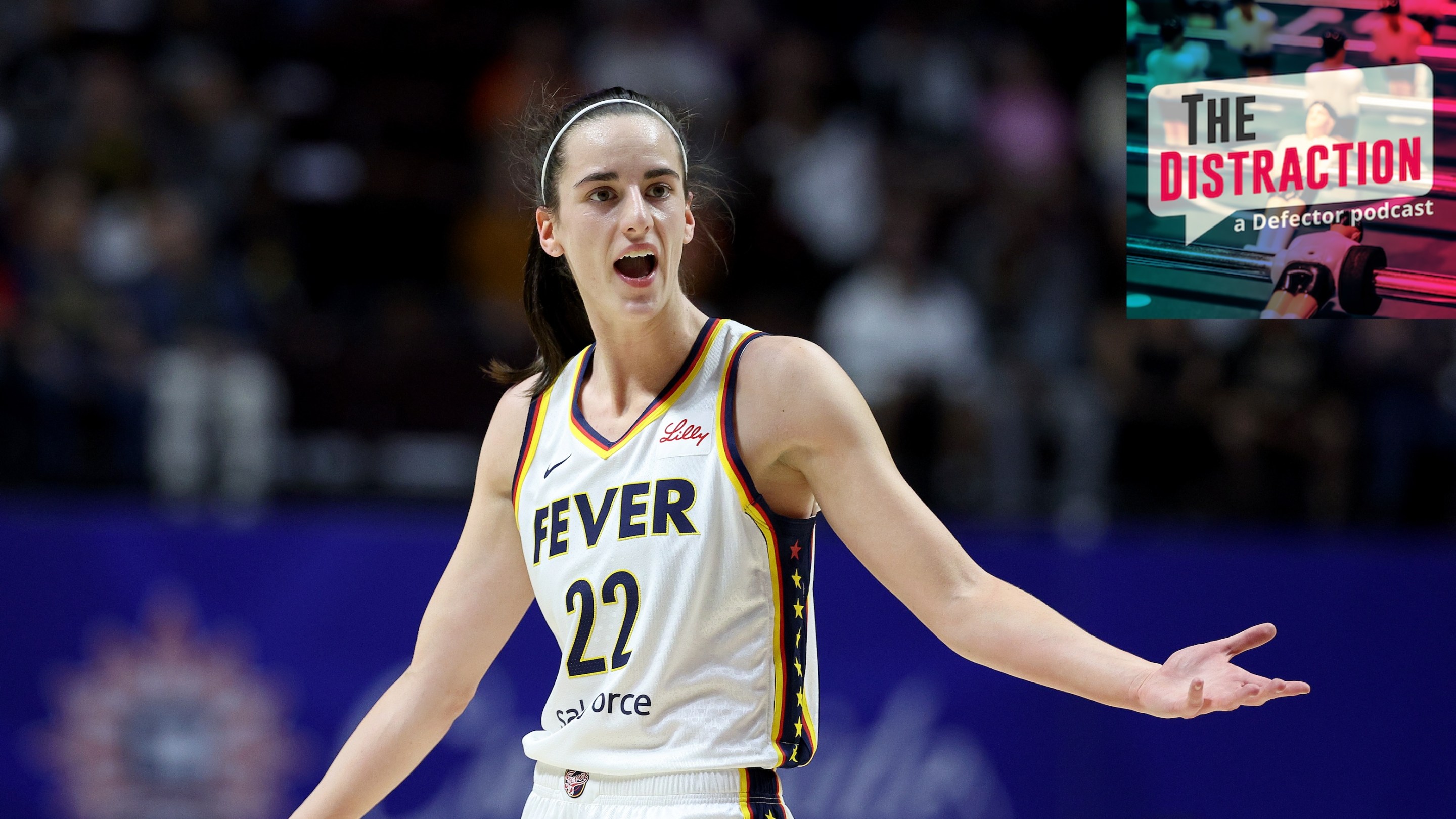 Caitlin Clark disputing a call during her first WNBA game, a loss to the Connecticut Sun at Mohegan Sun Arena on May 14, 2024,
