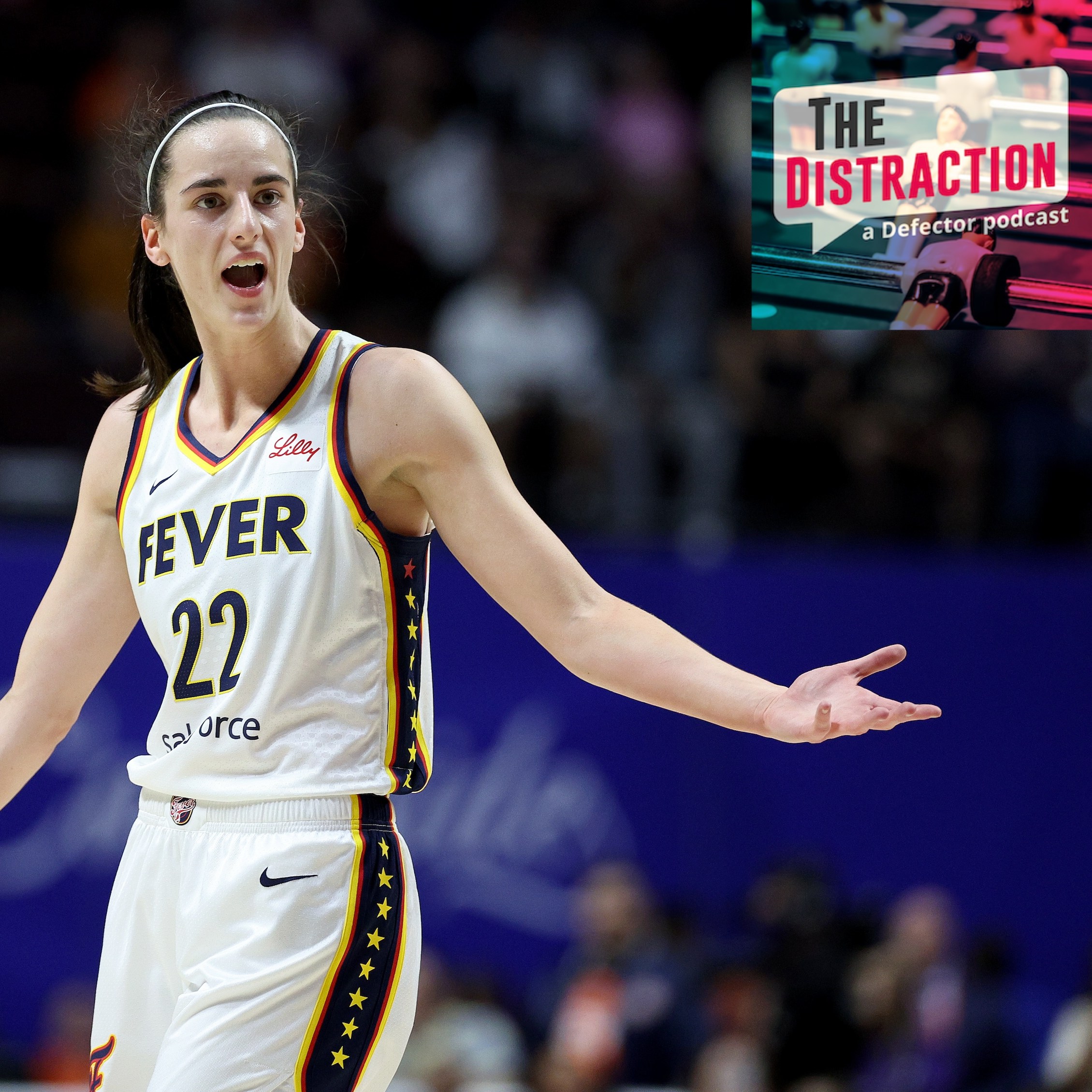 Caitlin Clark disputing a call during her first WNBA game, a loss to the Connecticut Sun at Mohegan Sun Arena on May 14, 2024,