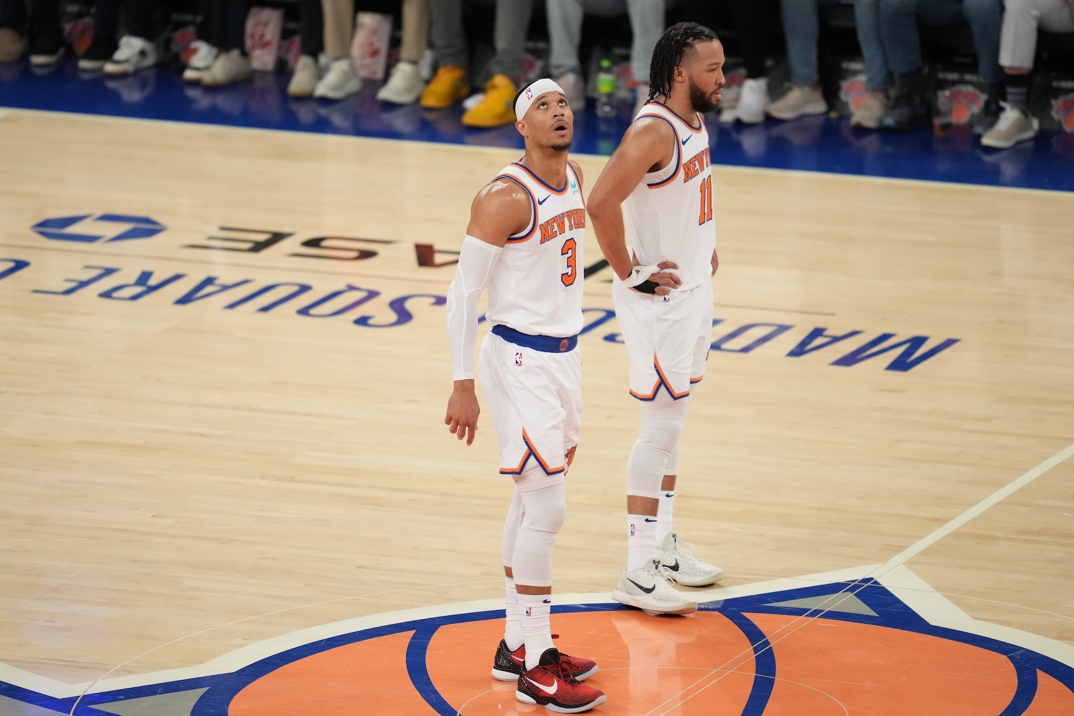 Jalen Brunson and Josh Hart look up during the Knicks' Game 7 loss to the Pacers