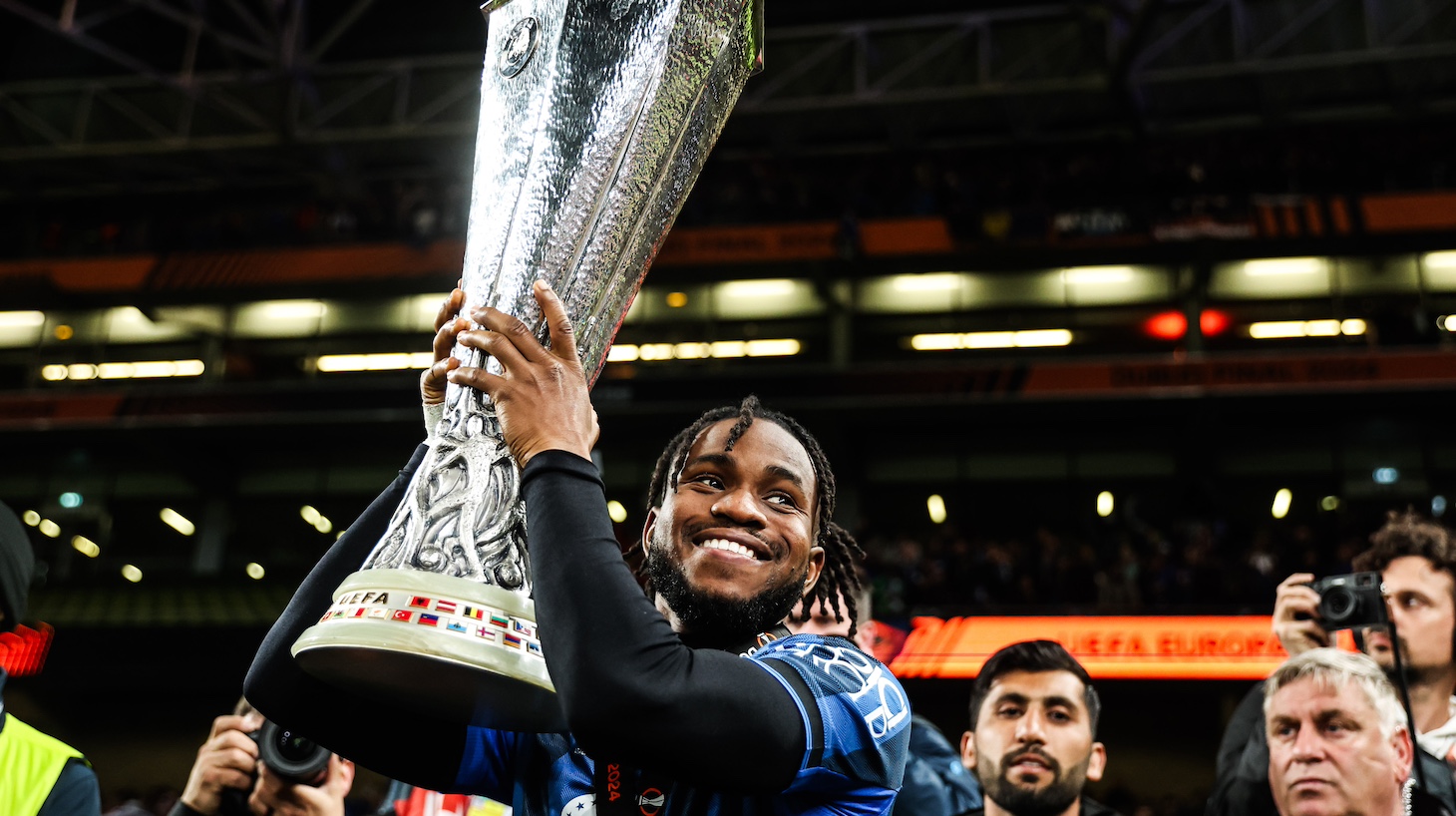 Ademola Lookman of Atalanta BC is celebrating with the UEFA Europa League championship trophy after winning the final match between Bayer Leverkusen and Atalanta BC at Dublin Arena Stadium in Dublin, Ireland.
