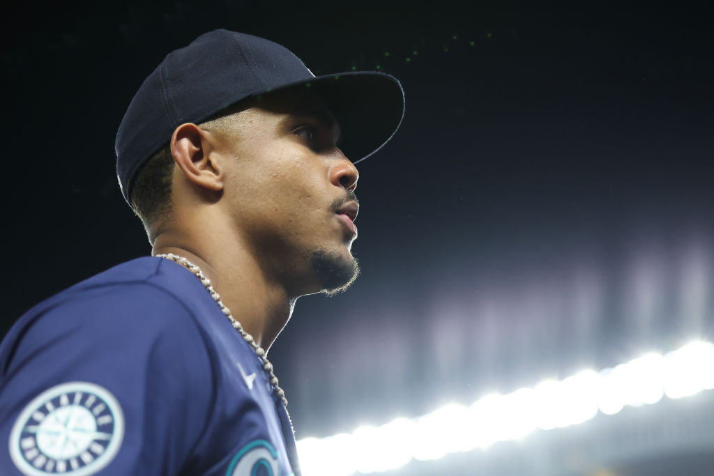 Julio Rodríguez #44 of the Seattle Mariners looks on against the New York Yankees during the eighth inning at Yankee Stadium on May 22, 2024 in the Bronx borough of New York City.