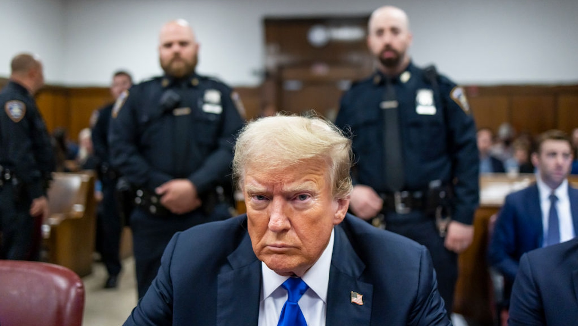Former U.S. President Donald Trump sits at the defendant's table inside the courthouse as the jury is scheduled to continue deliberations for his hush money trial at Manhattan Criminal Court on May 30, 2024 in New York City. Judge Juan Merchan gave the jury instructions, and deliberations are entering their second day. The former president faces 34 felony counts of falsifying business records in the first of his criminal cases to go to trial.