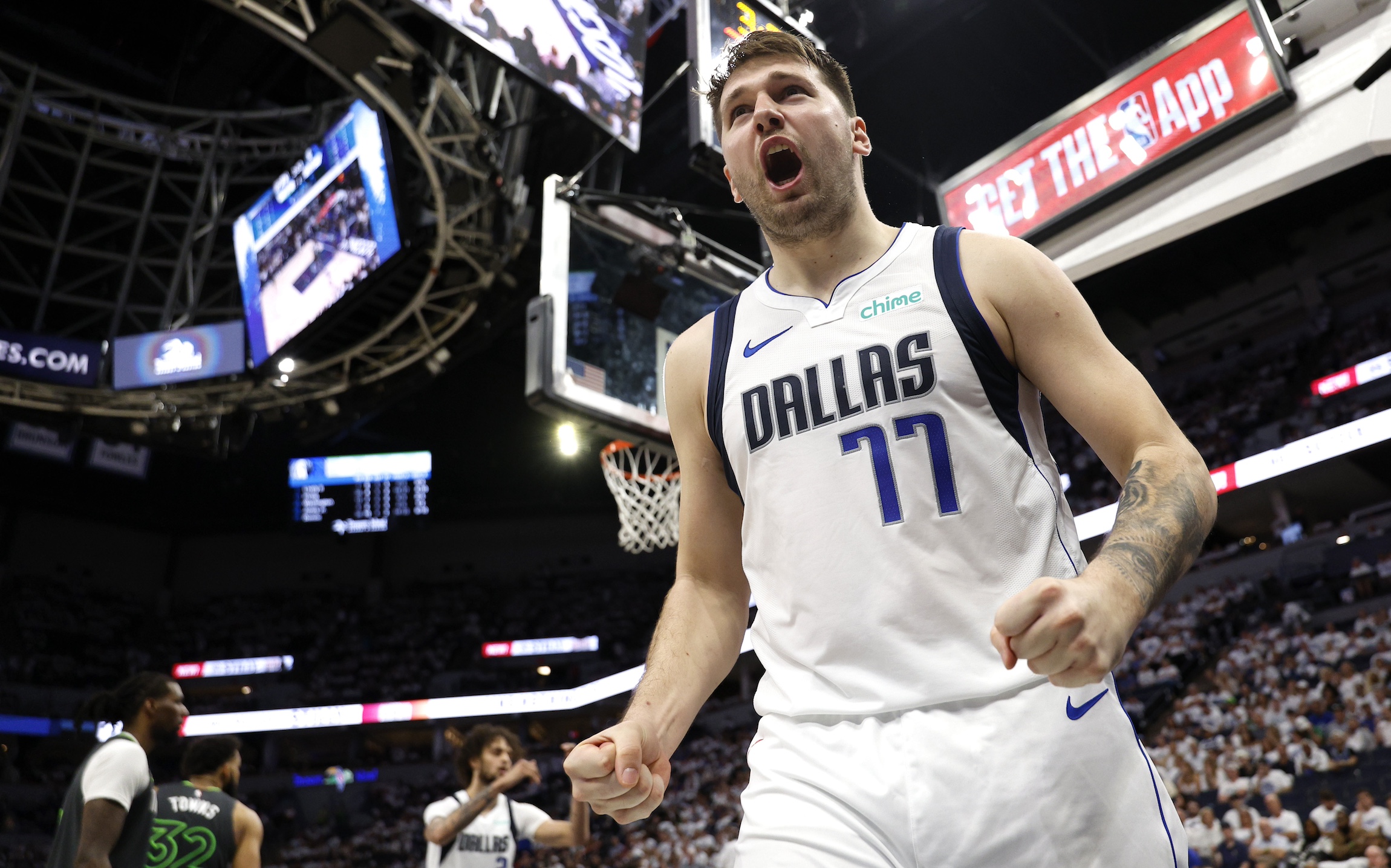 MINNEAPOLIS, MINNESOTA - MAY 30: Luka Doncic #77 of the Dallas Mavericks celebrates during the fourth quarter against the Minnesota Timberwolves in Game Five of the Western Conference Finals at Target Center on May 30, 2024 in Minneapolis, Minnesota. NOTE TO USER: User expressly acknowledges and agrees that, by downloading and or using this photograph, User is consenting to the terms and conditions of the Getty Images License Agreement. (Photo by David Berding/Getty Images)