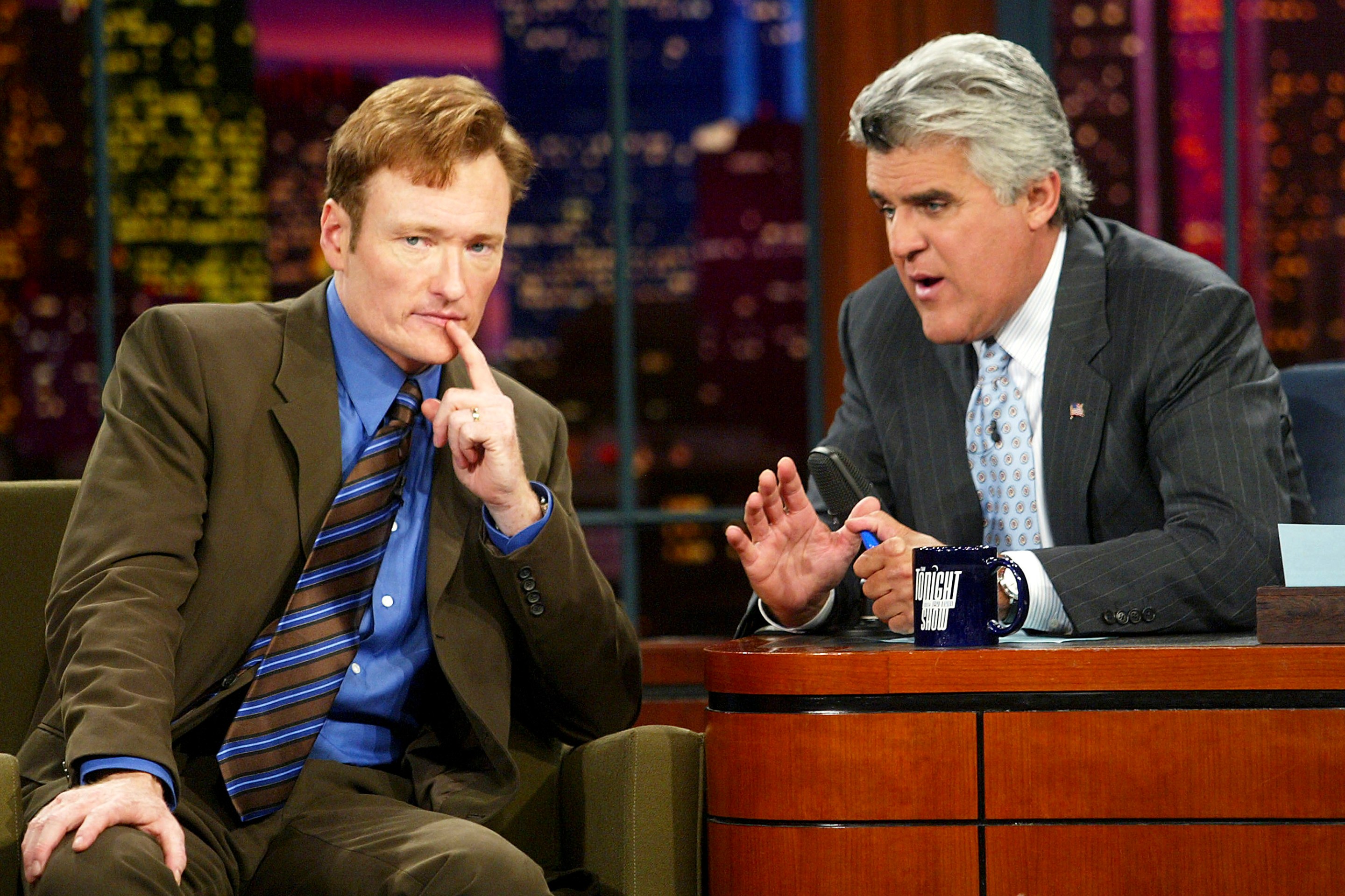 Talk show host Conan O'Brien appears on "The Tonight Show with Jay Leno" at the NBC Studios on September 5, 2003 in Burbank, California.