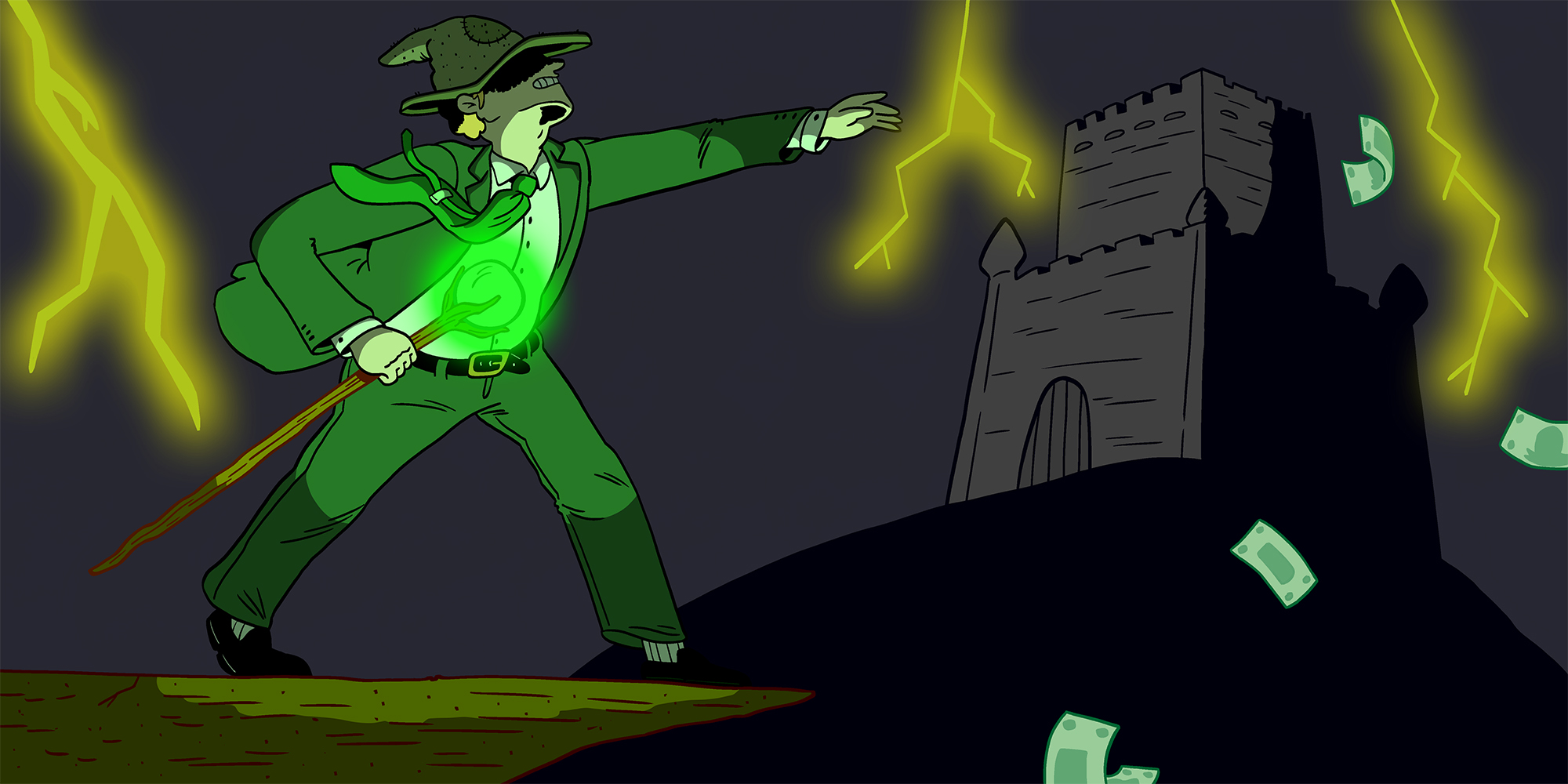 A wizard dressed in a suit looks upon a fortress on a hill as lightning bolts and dollar bills dot the sky