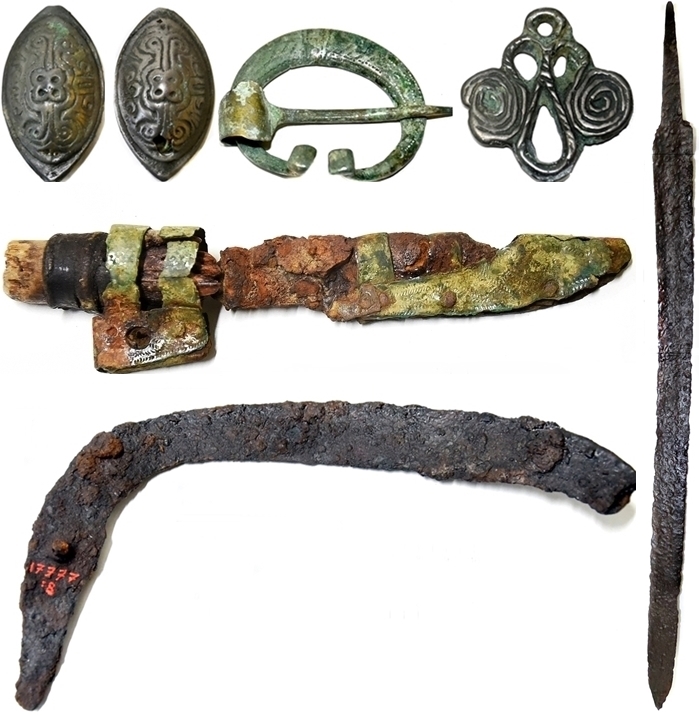 an array of grave goods arranged on a white background, including brooches, a dagger, buckle, and hiltless sword