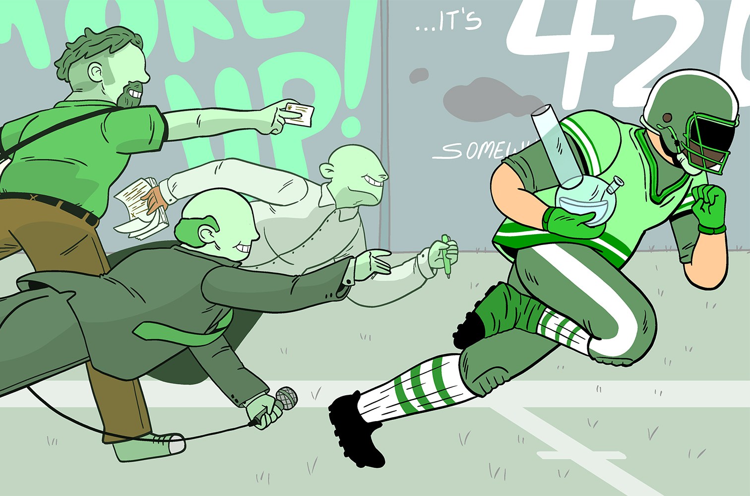 Drawing of cannabis industry people chasing after a football player.