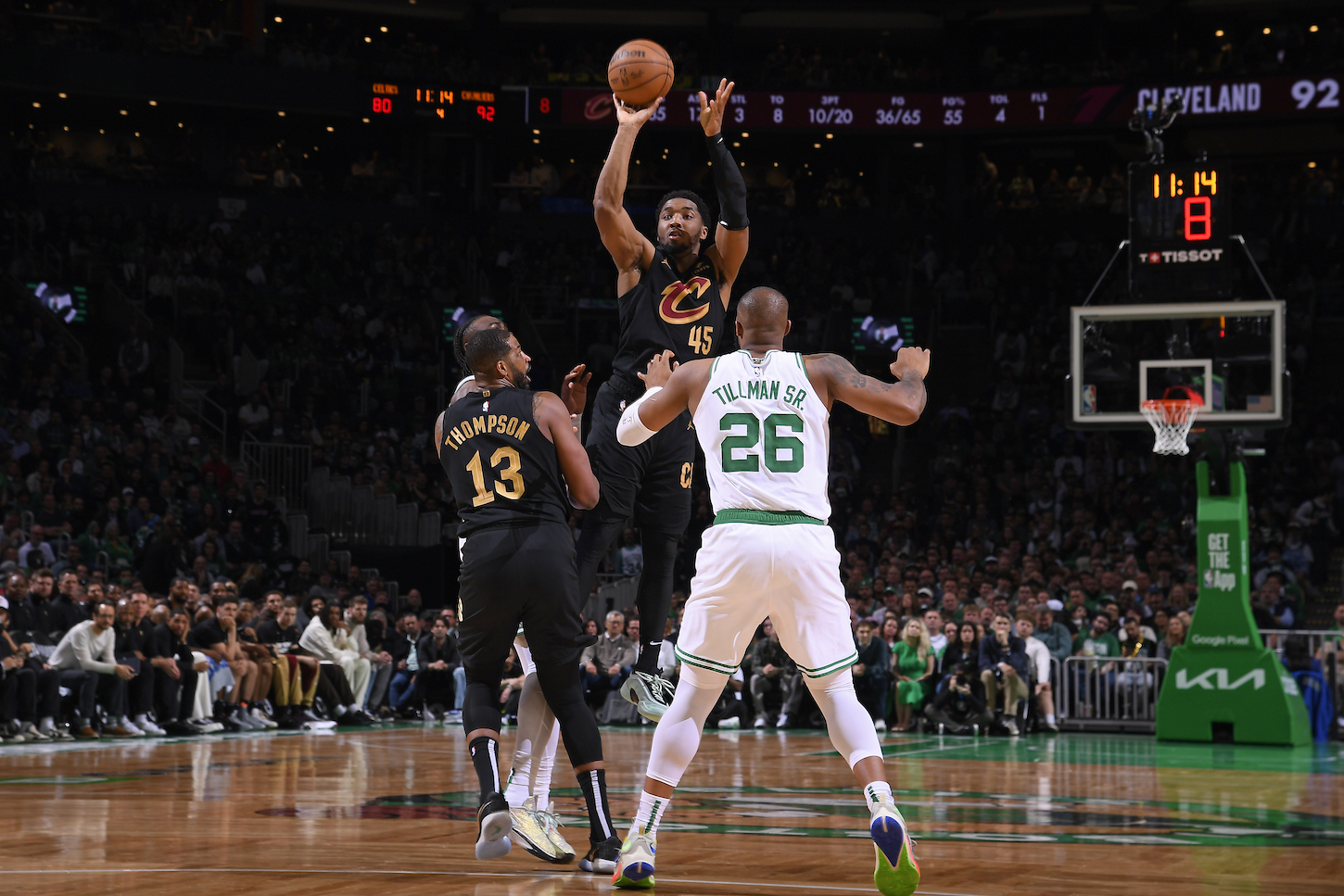 Donovan Mitchell #45 of the Cleveland Cavaliers three point basket during the game against the Boston Celtics during Round 2 Game 2 of the 2024 NBA Playoffs on May 9, 2024.