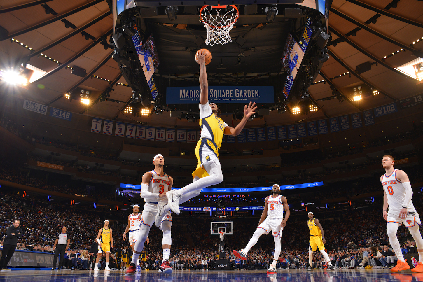 Myles Turner #33 of the Indiana Pacers drives to the basket during the game against the New York Knicks during Round 2 Game 7 of the 2024 NBA Playoffs on May 19, 2024.