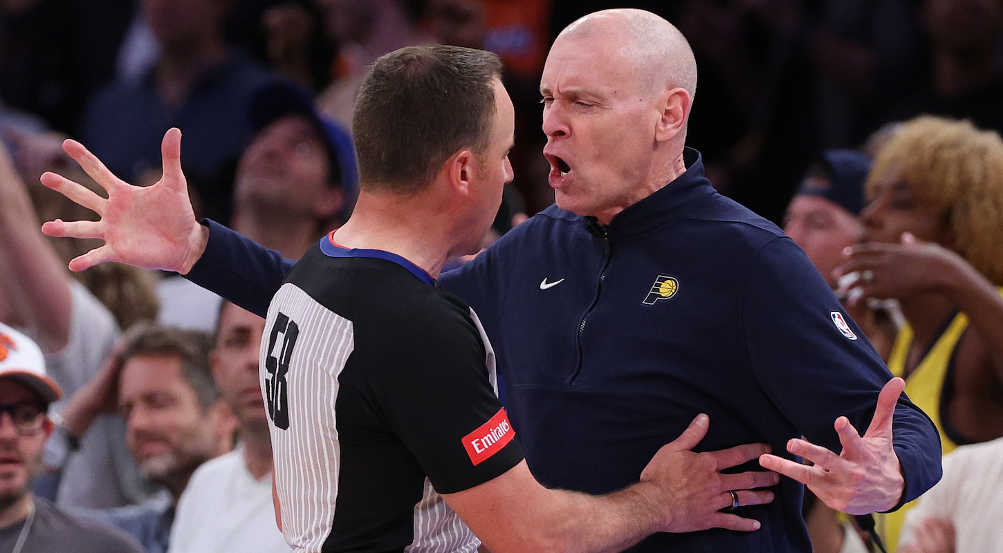 Indiana Pacers head coach Rick Carlisle argues a call with referee Josh Tiven #58 during the fourth quarter against the New York Knicks in Game Two of the Eastern Conference Second Round Playoffs on May 08, 2024 in New York City.