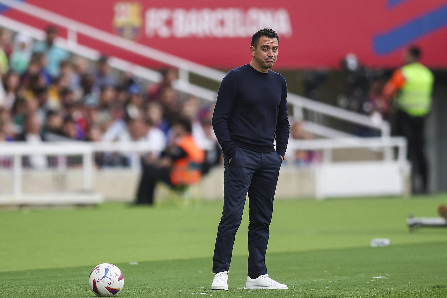 Xavi Hernandez, head coach of FC Barcelona follows the match during the LaLiga match between FC Barcelona and Rayo Vallecano on May 19, 2024 in Barcelona, Spain.