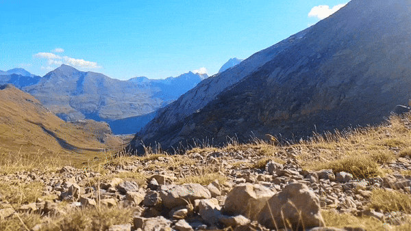 a gif of a dragonfly and other flies flying into a mountain pass in the Pyrenees