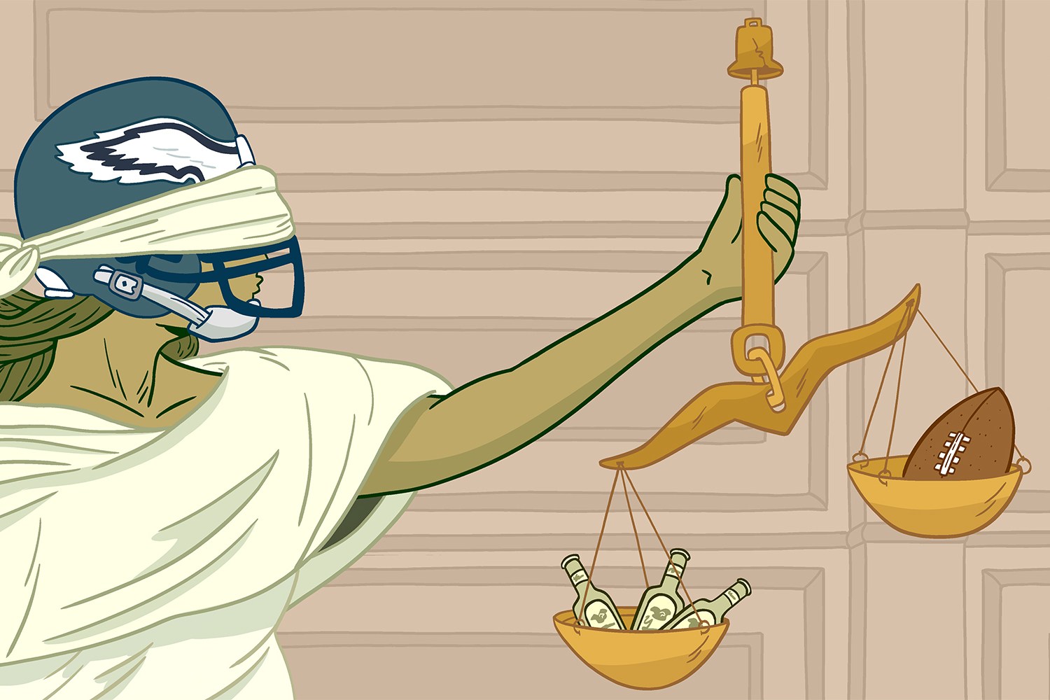 Lady Justice, wearing an Eagles helmet and weighing a football and some alcohol.