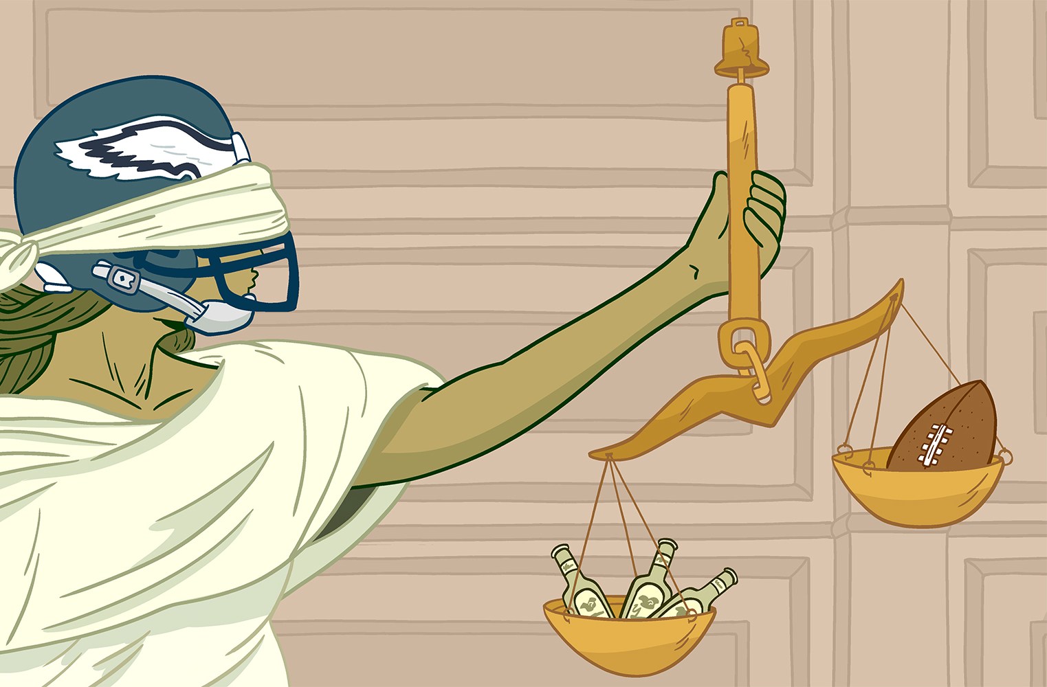 Lady Justice, wearing an Eagles helmet and weighing a football and some alcohol.