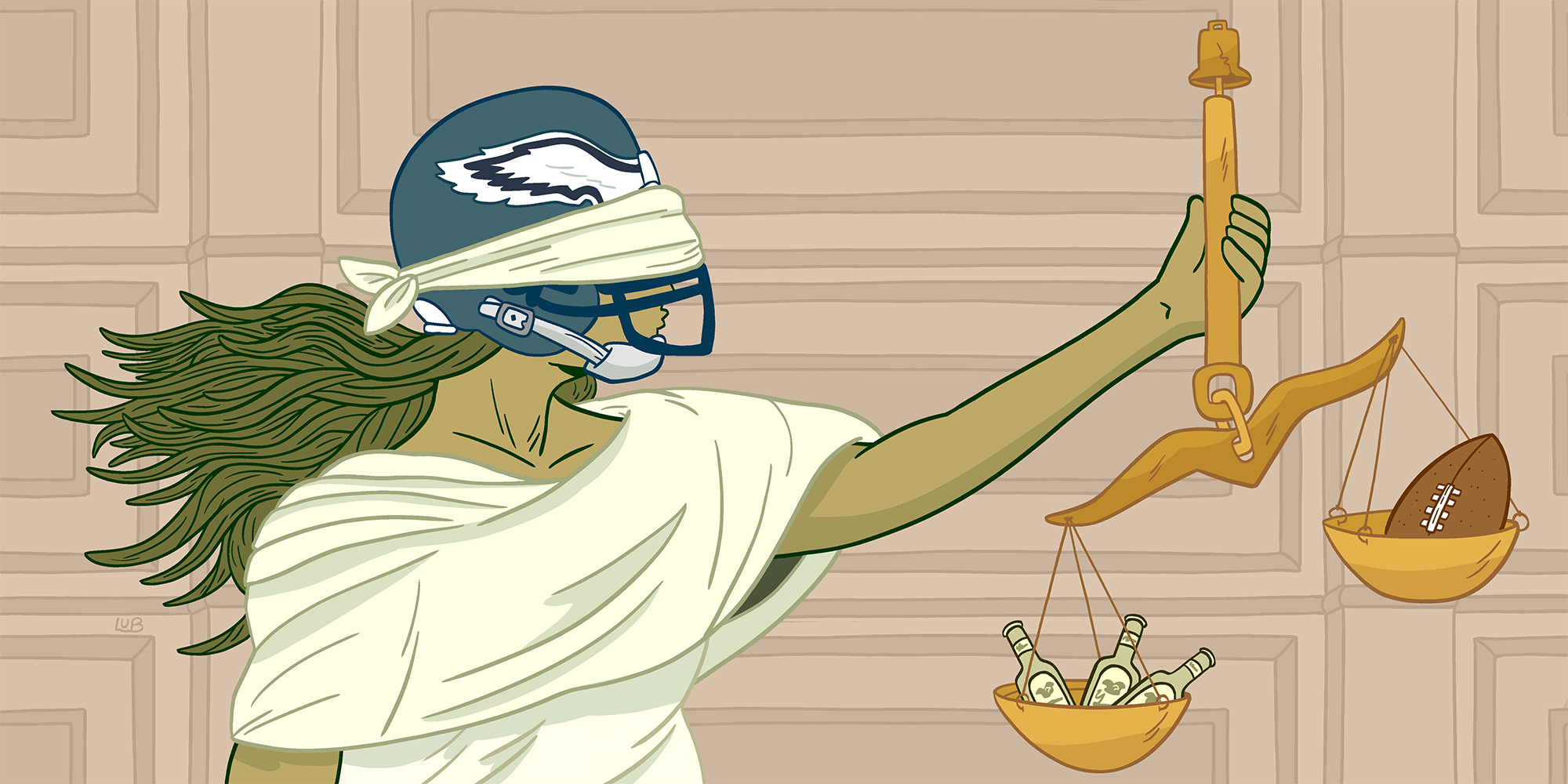 Lady Justice, wearing an Eagles helmet and weighing a football and some alcohol.