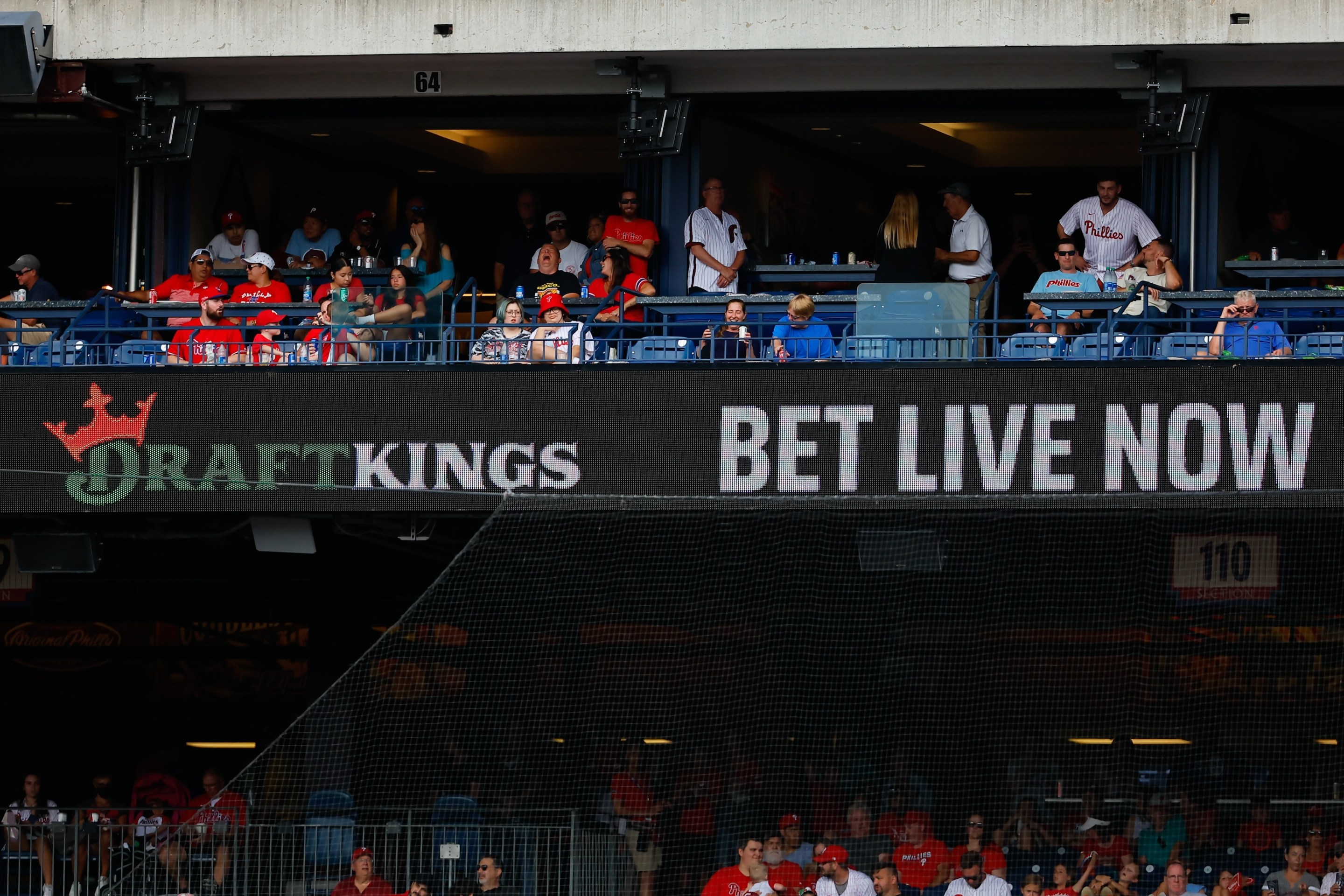 A general view of the DraftKings Bet Live Now signage during the Major League Baseball game between the Philadelphia Phillies and the Washington Nationals on July 7, 2022.