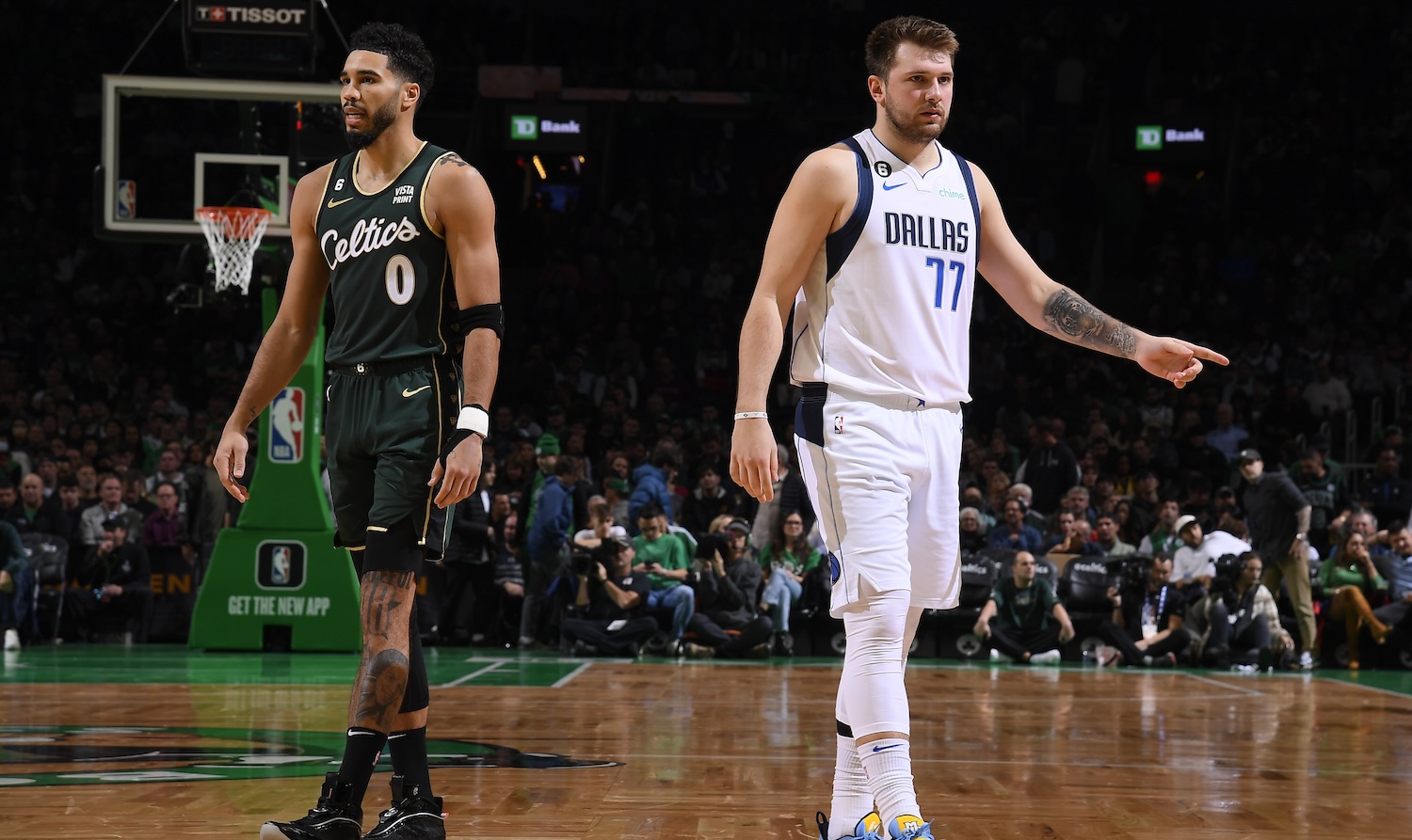 BOSTON, MA - NOVEMBER 23: Jayson Tatum #0 of the Boston Celtics and Luka Doncic #77 of the Dallas Mavericks on November 23, 2022 at the TD Garden in Boston, Massachusetts. NOTE TO USER: User expressly acknowledges and agrees that, by downloading and or using this photograph, User is consenting to the terms and conditions of the Getty Images License Agreement. Mandatory Copyright Notice: Copyright 2022 NBAE (Photo by Brian Babineau/NBAE via Getty Images)