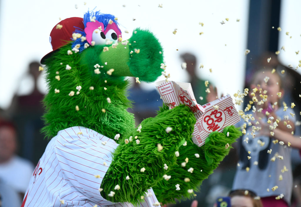 The Phillie Phanatic spills popcorn