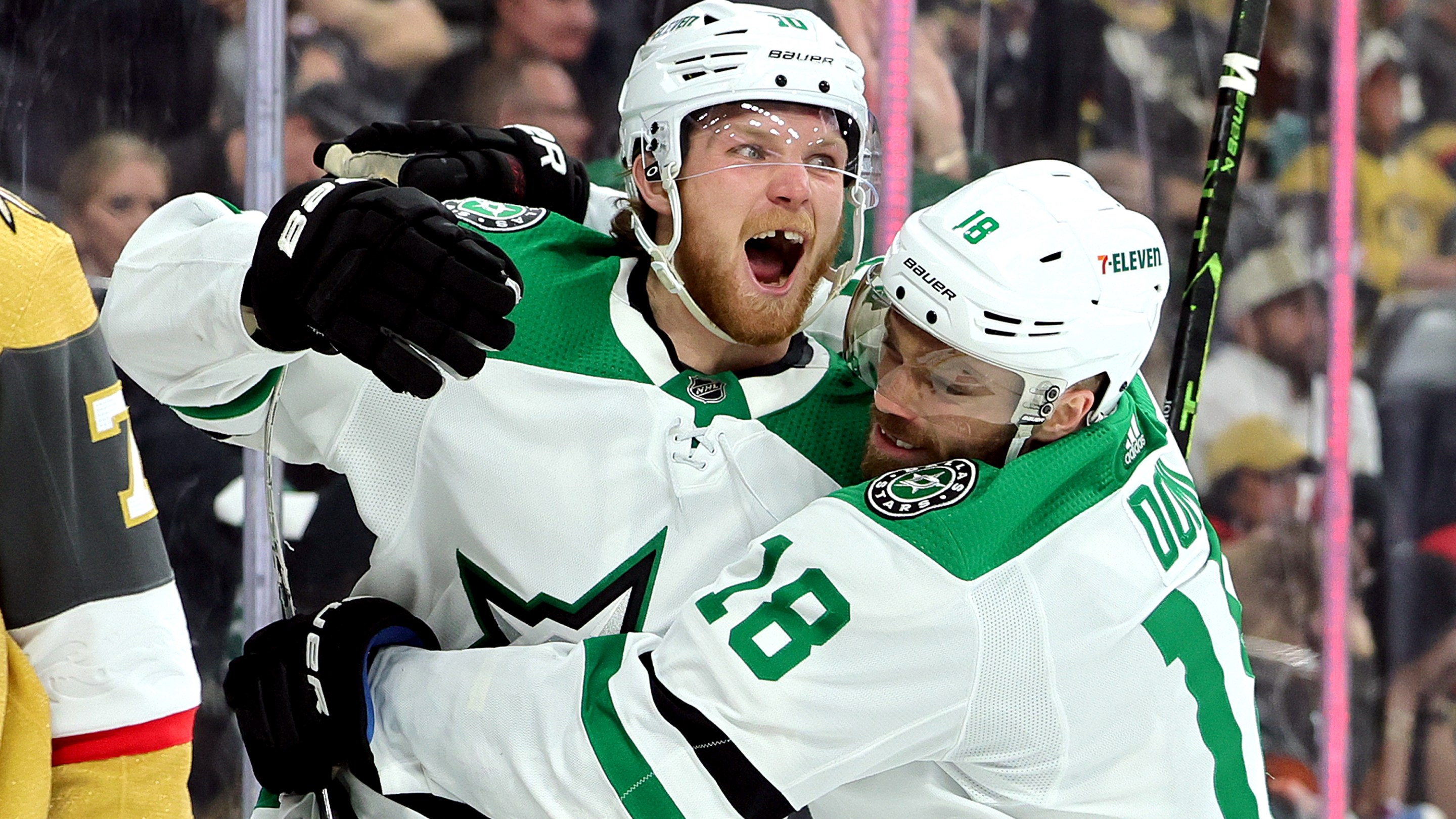 LAS VEGAS, NEVADA - MAY 27: Ty Dellandrea #10 of the Dallas Stars is congratulated by Max Domi #18 after scoring a goal against the Vegas Golden Knights during the third period in Game Five of the Western Conference Final of the 2023 Stanley Cup Playoffs at T-Mobile Arena on May 27, 2023 in Las Vegas, Nevada.