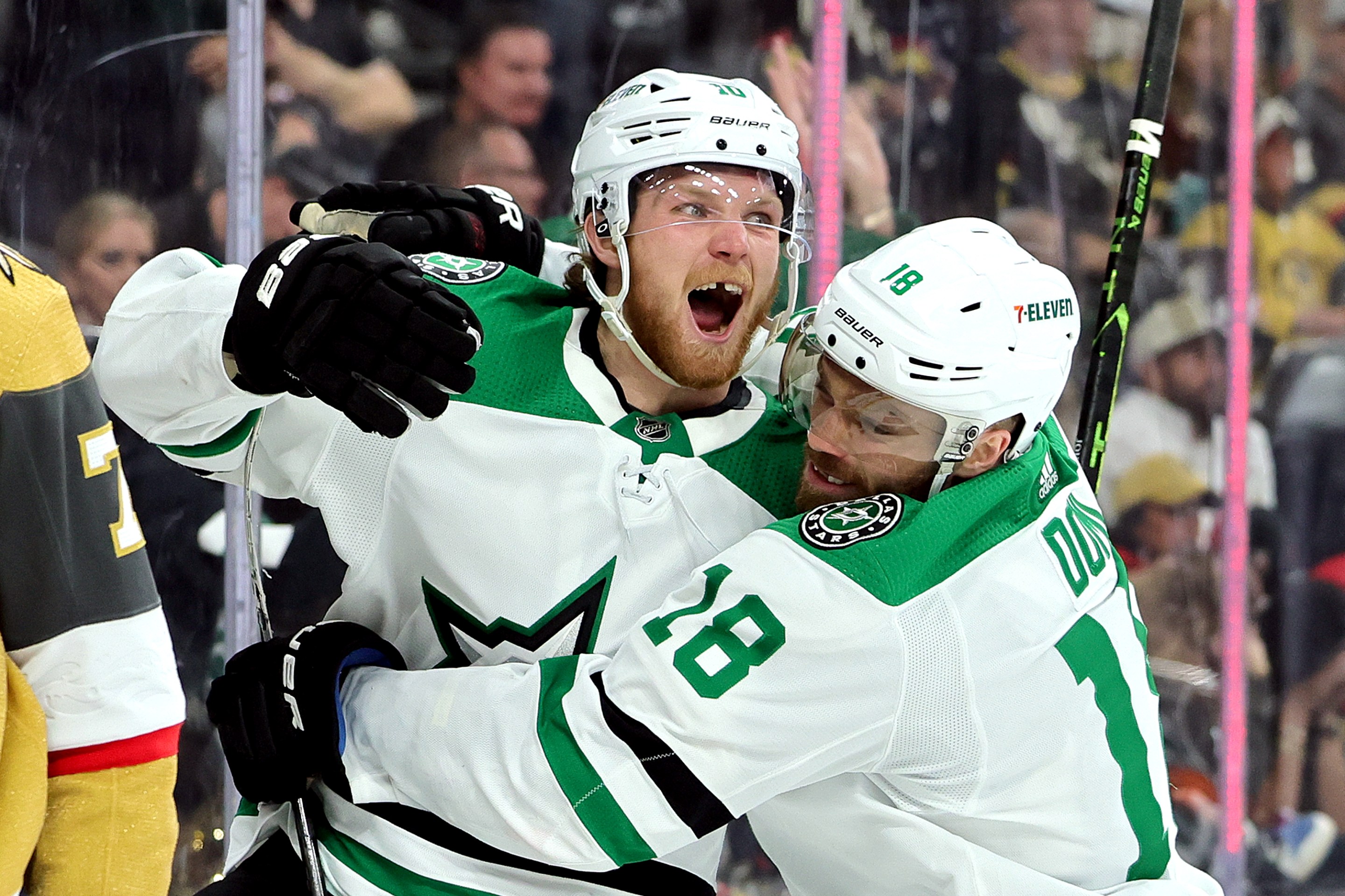 LAS VEGAS, NEVADA - MAY 27: Ty Dellandrea #10 of the Dallas Stars is congratulated by Max Domi #18 after scoring a goal against the Vegas Golden Knights during the third period in Game Five of the Western Conference Final of the 2023 Stanley Cup Playoffs at T-Mobile Arena on May 27, 2023 in Las Vegas, Nevada.