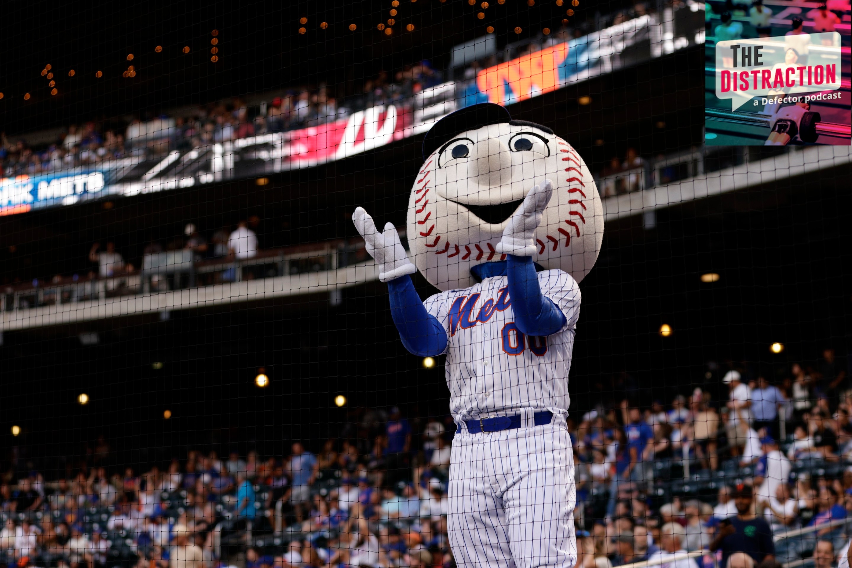Mr. Met cheers during game two of a doubleheader between the Atlanta Braves and New York Mets at Citi Field on August 12, 2023 in New York City.