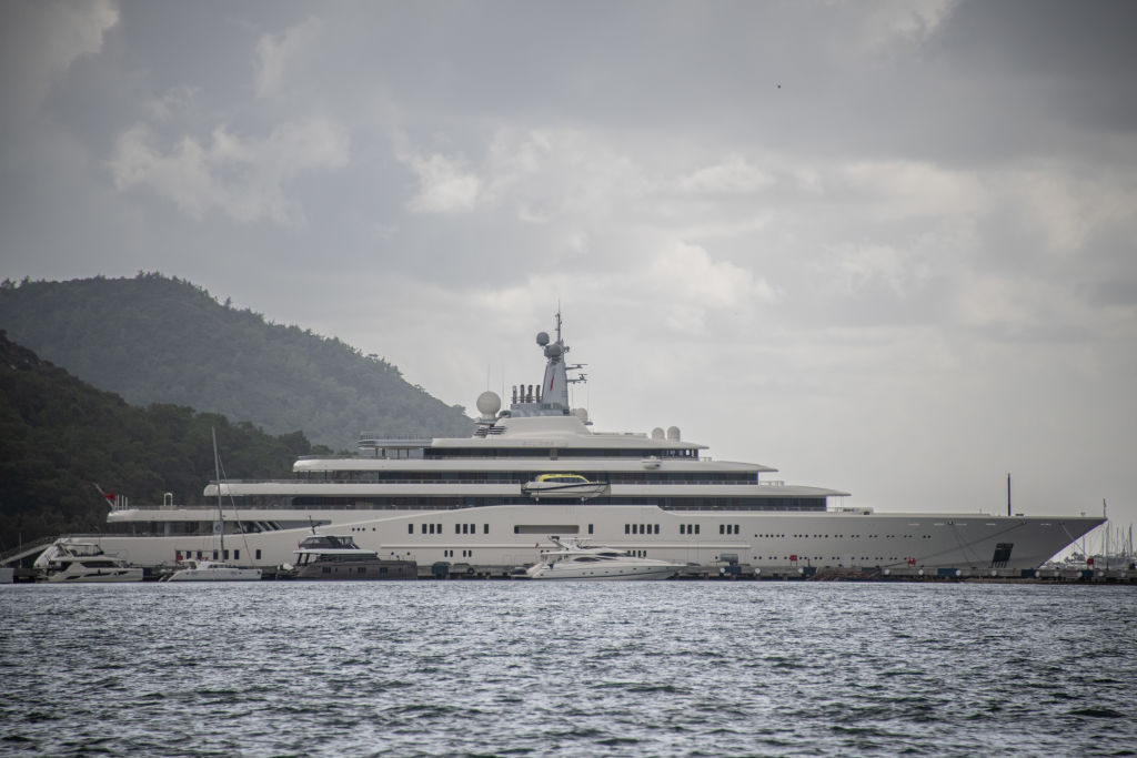 The super yacht of Russian billionaire businessman and oligarch Roman Abramovich sitting in dock at the Marmaris Port in Turkey in December 2023.