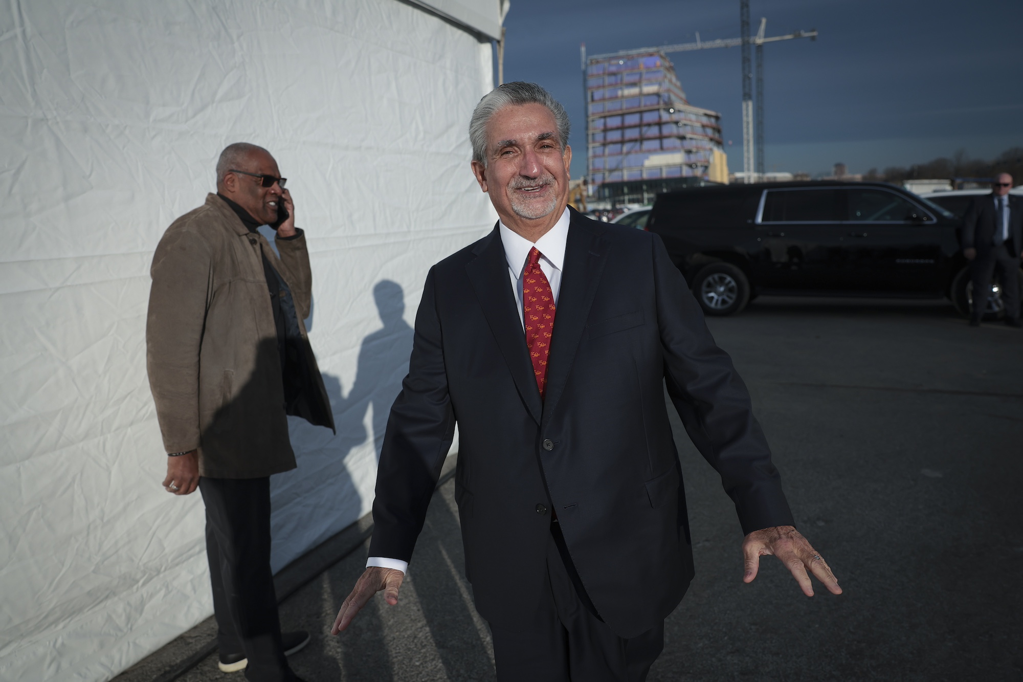 ALEXANDRIA, VIRGINIA - DECEMBER 13: Monumental Sports &amp; Entertainment CEO Ted Leonsis (R) arrives for the announcement of a new sports arena for the Washington Wizards NBA basketball team and Washington Capitals NHL hockey team, December 13, 2023 in Alexandria, Virginia. Virginia Gov. Glenn Youngkin announced a tentative agreement with Monumental Sports &amp; Entertainment that would move the Wizards and the Capitals from Washington, DC to what Youngkin called a new "visionary sports and entertainment venue" in northern Virginia. (Photo by Win McNamee/Getty Images)