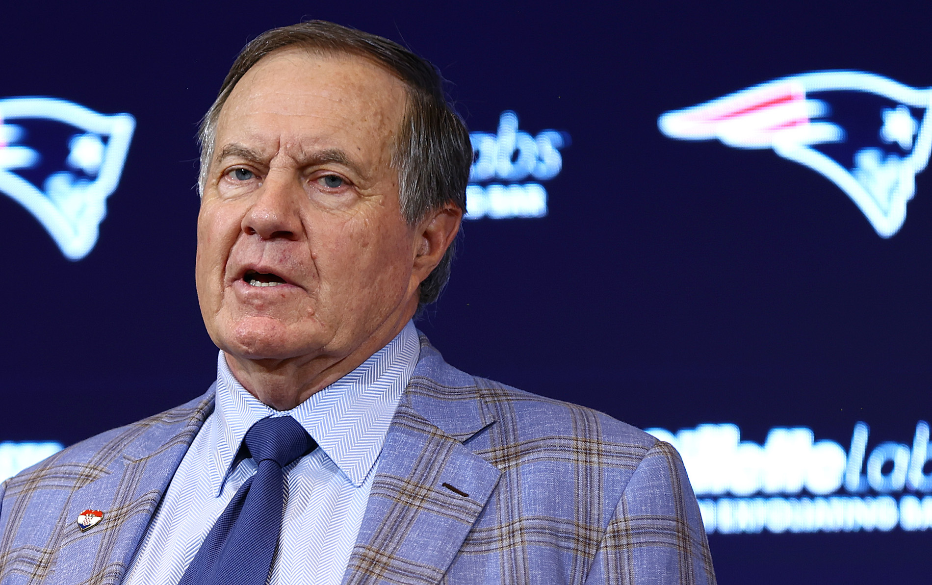 Bill Belichick at a press conference for the Patriots.